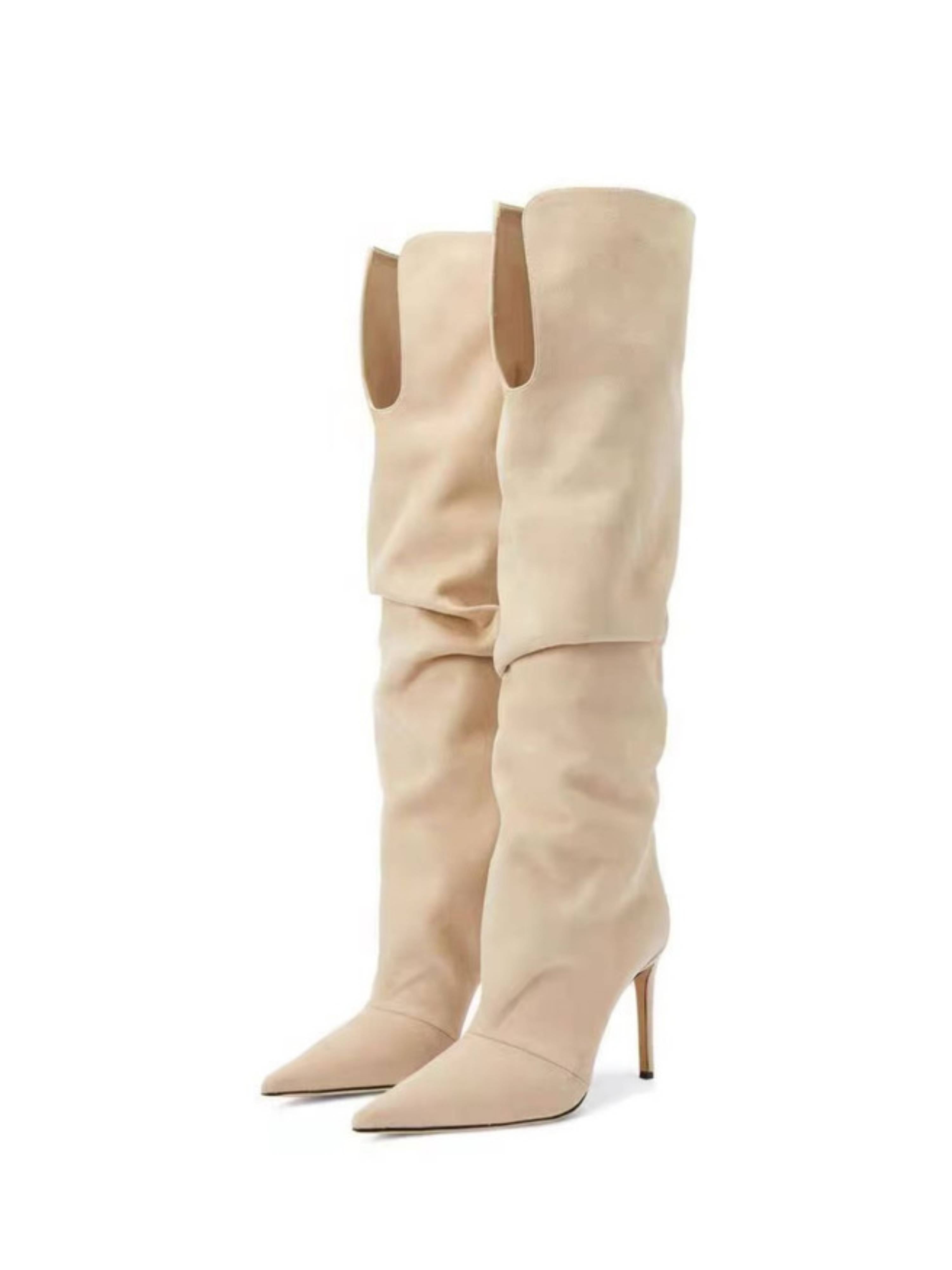 Beige Slouchy Knee-High Stiletto Boots