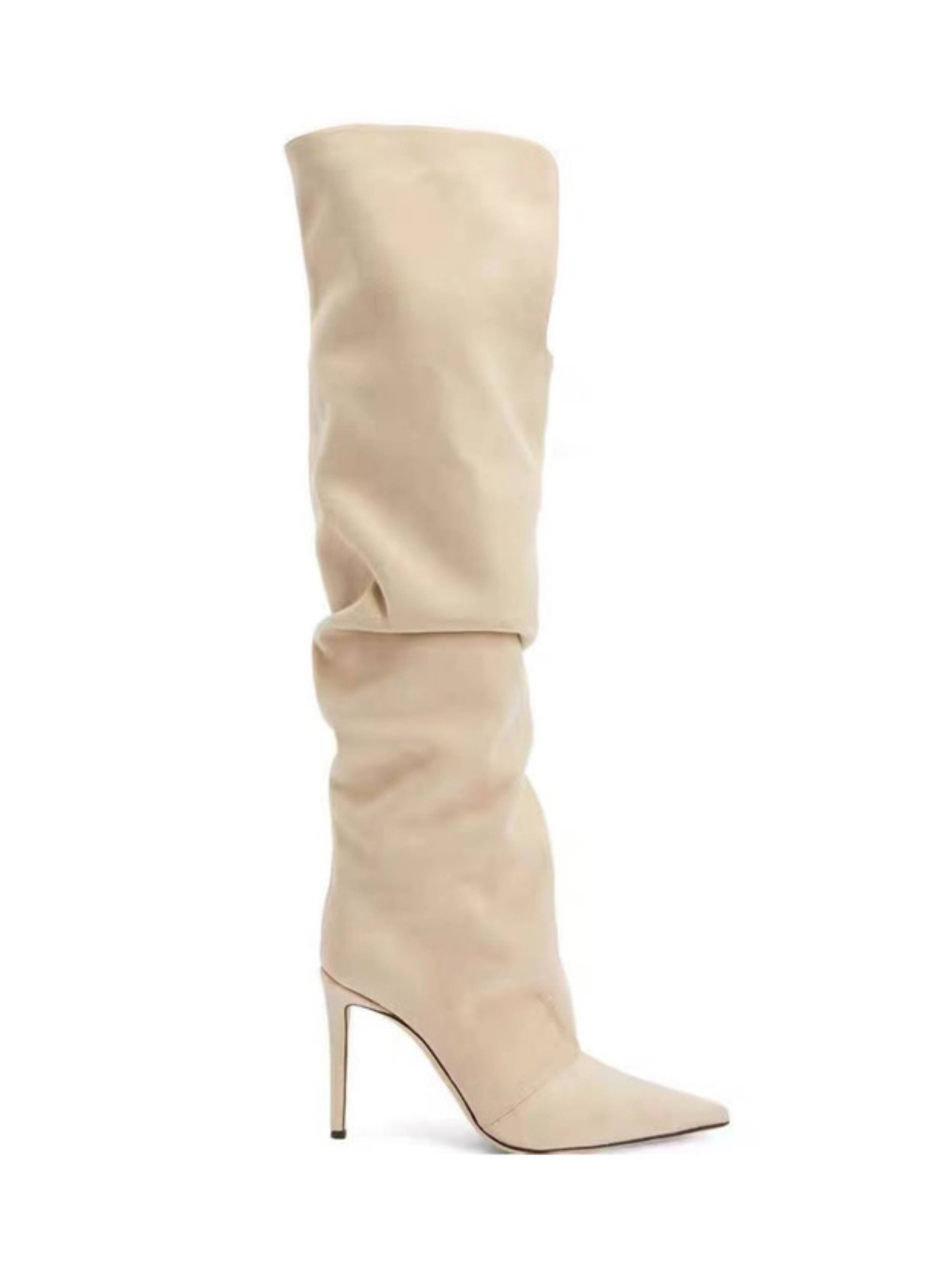 Beige Slouchy Knee-High Stiletto Boots