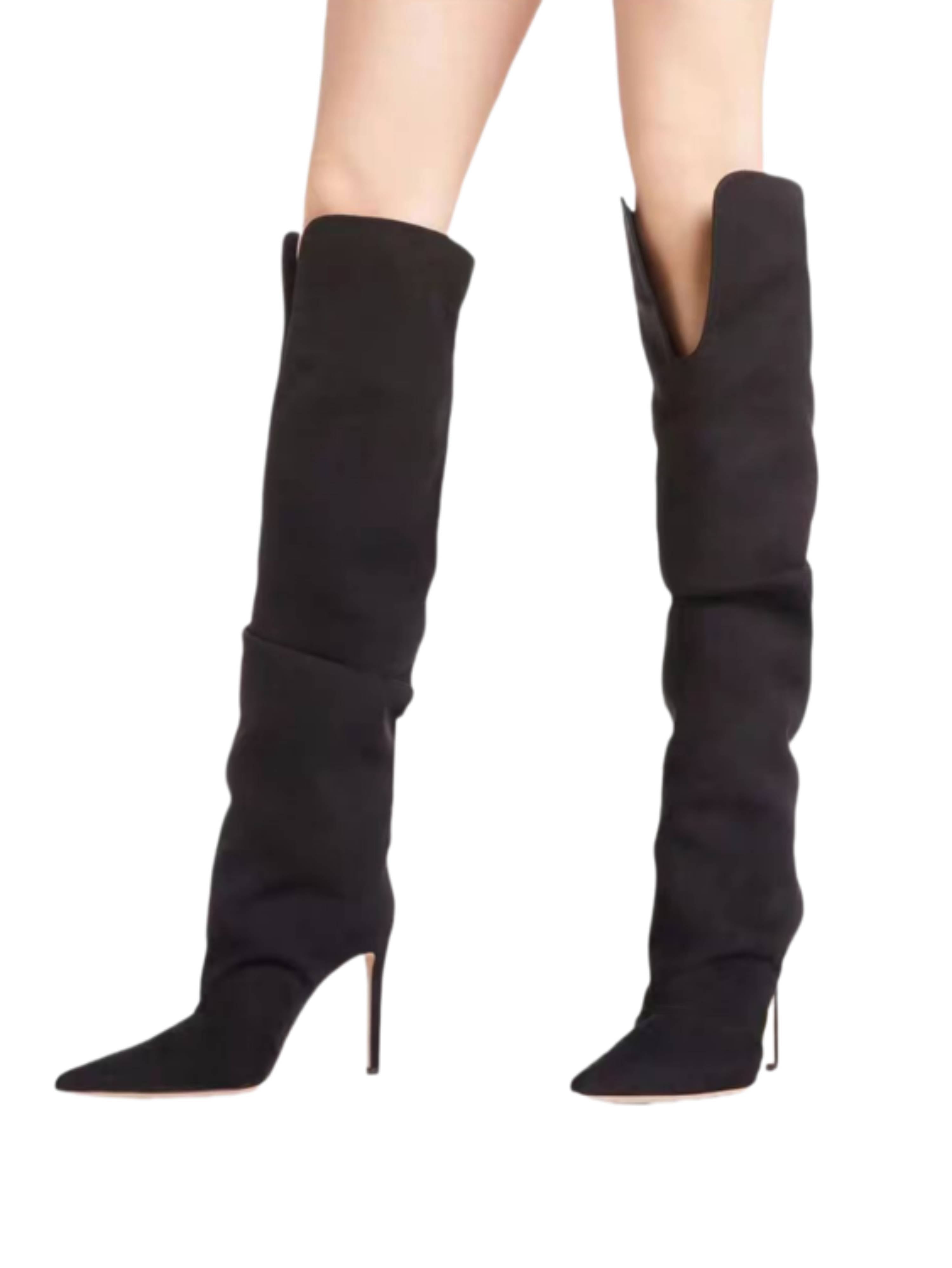Black Slouchy Knee-High Heeled Pointed Toe Boots for Women