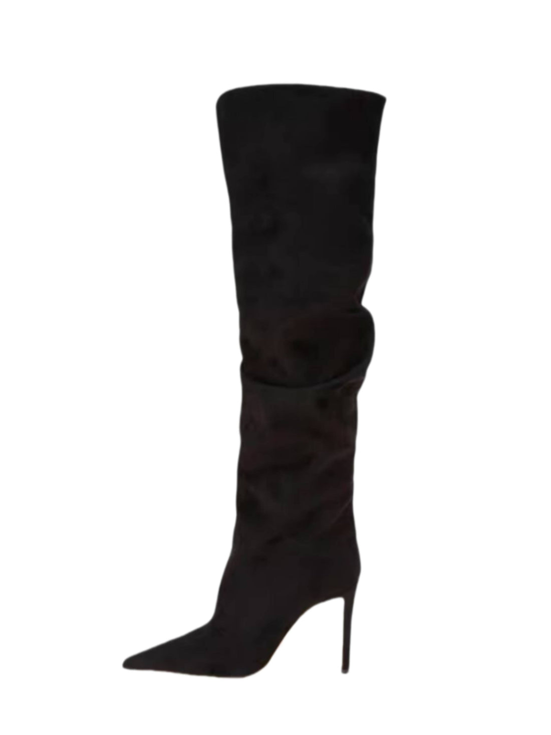 Black Slouchy Knee-High Heeled Pointed Toe Boots for Women