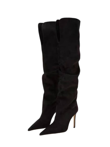 Black Slouchy Knee-High Heeled Pointed Toe Boots for Women