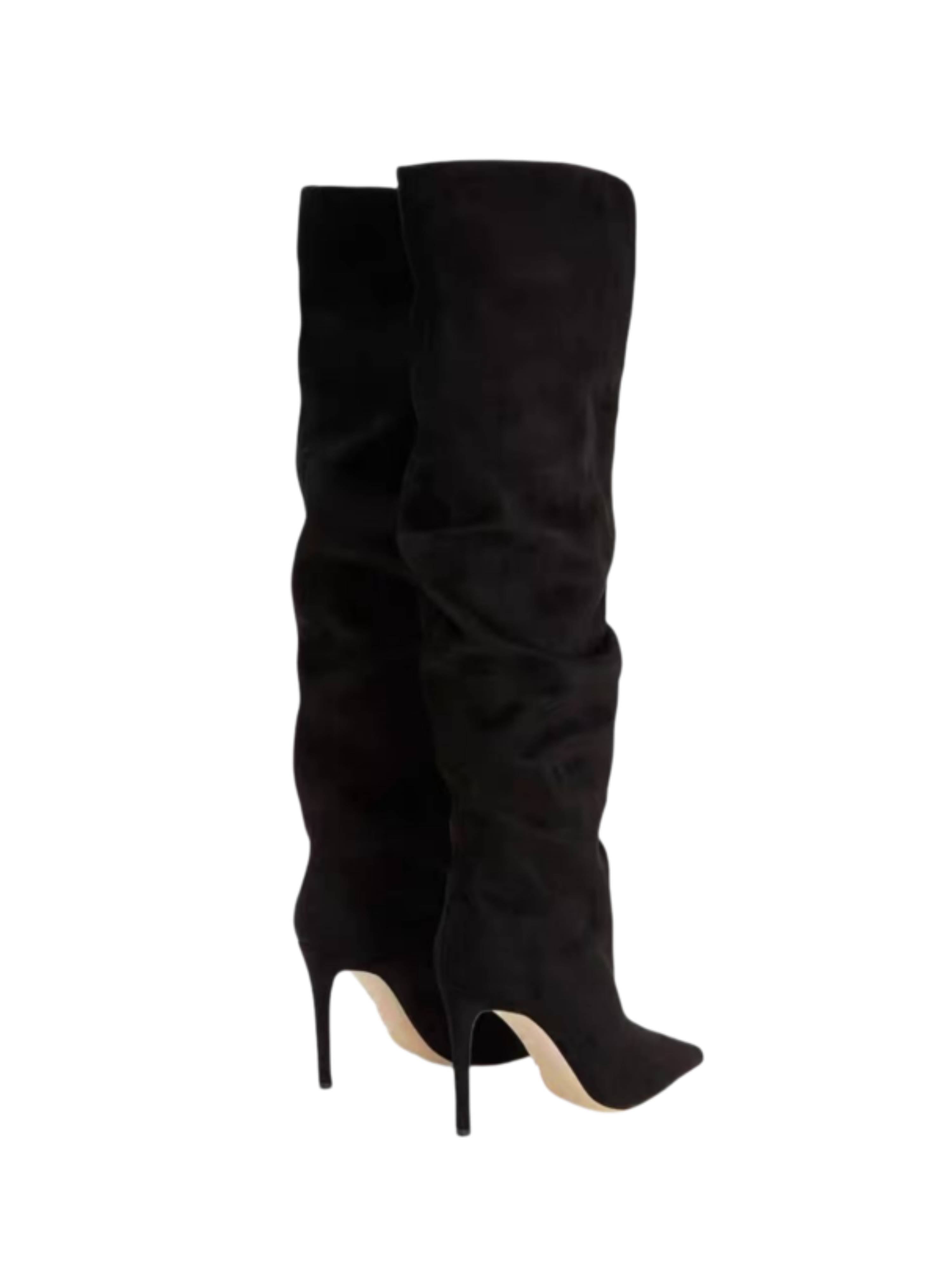 Black Slouchy Knee-High Heeled Pointed Toe Boots for Women
