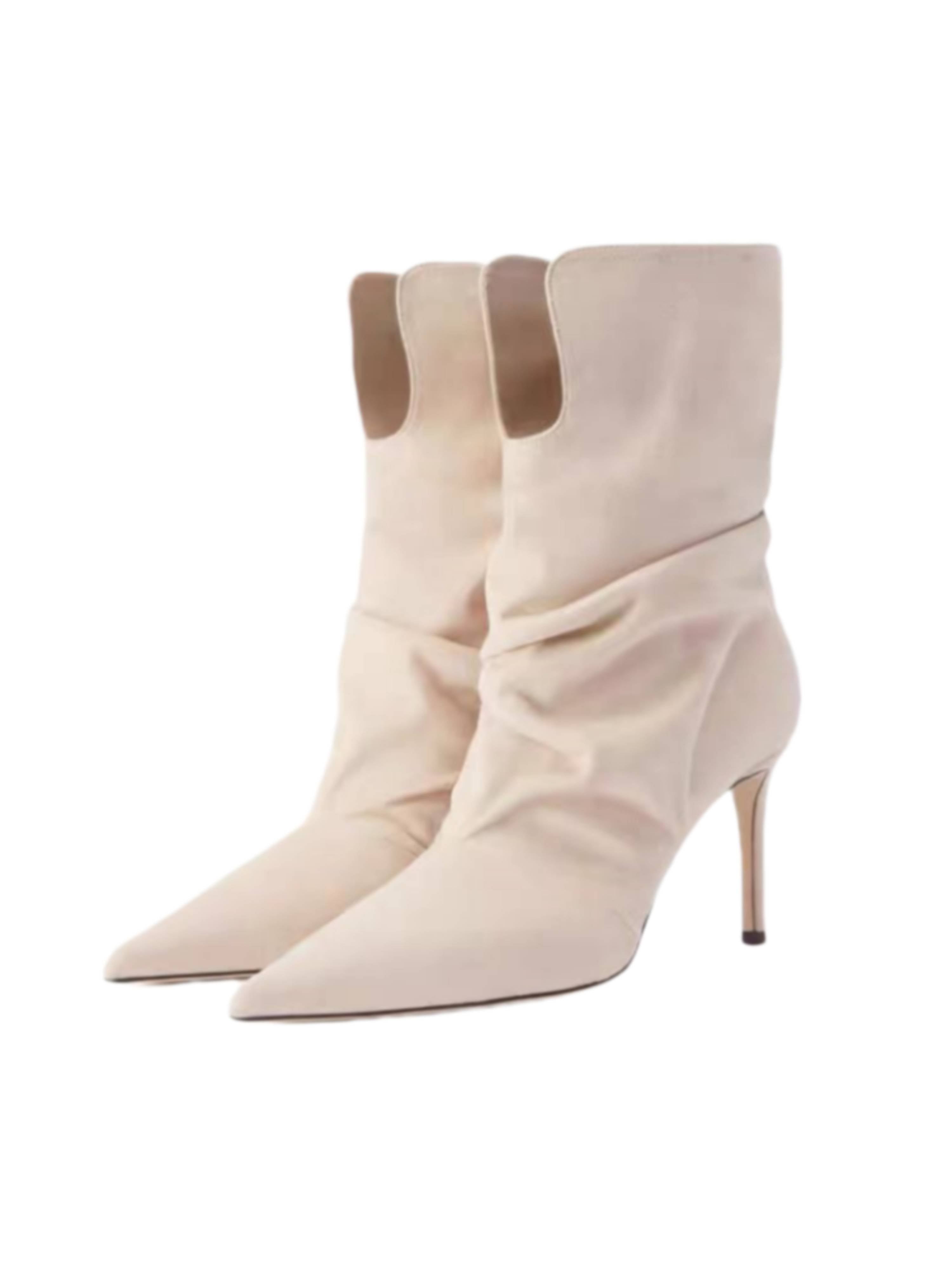 Beige Faux Suede Slouchy High-Heel Ankle Boots Women