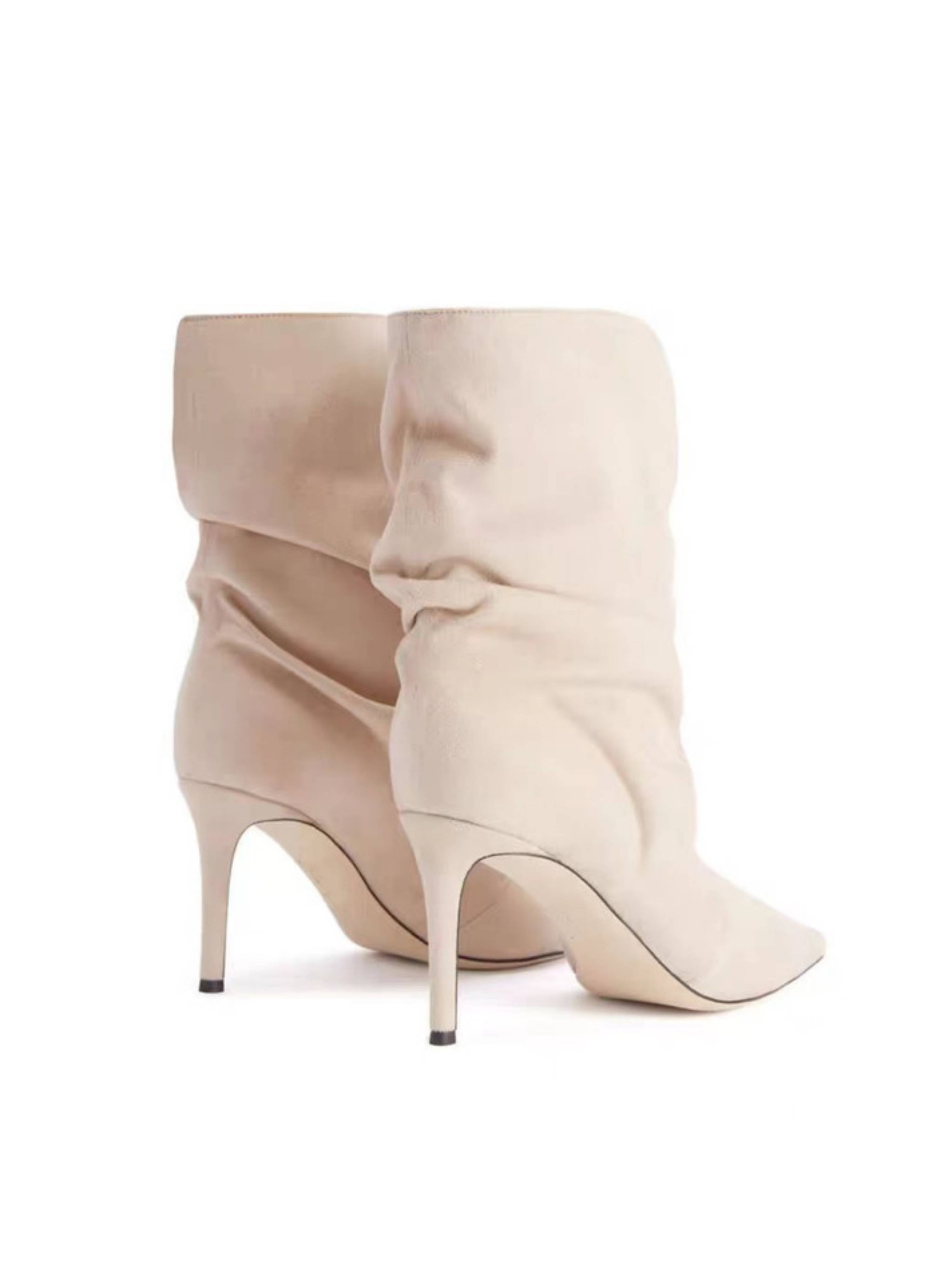 Beige Faux Suede Slouchy High-Heel Ankle Boots Women