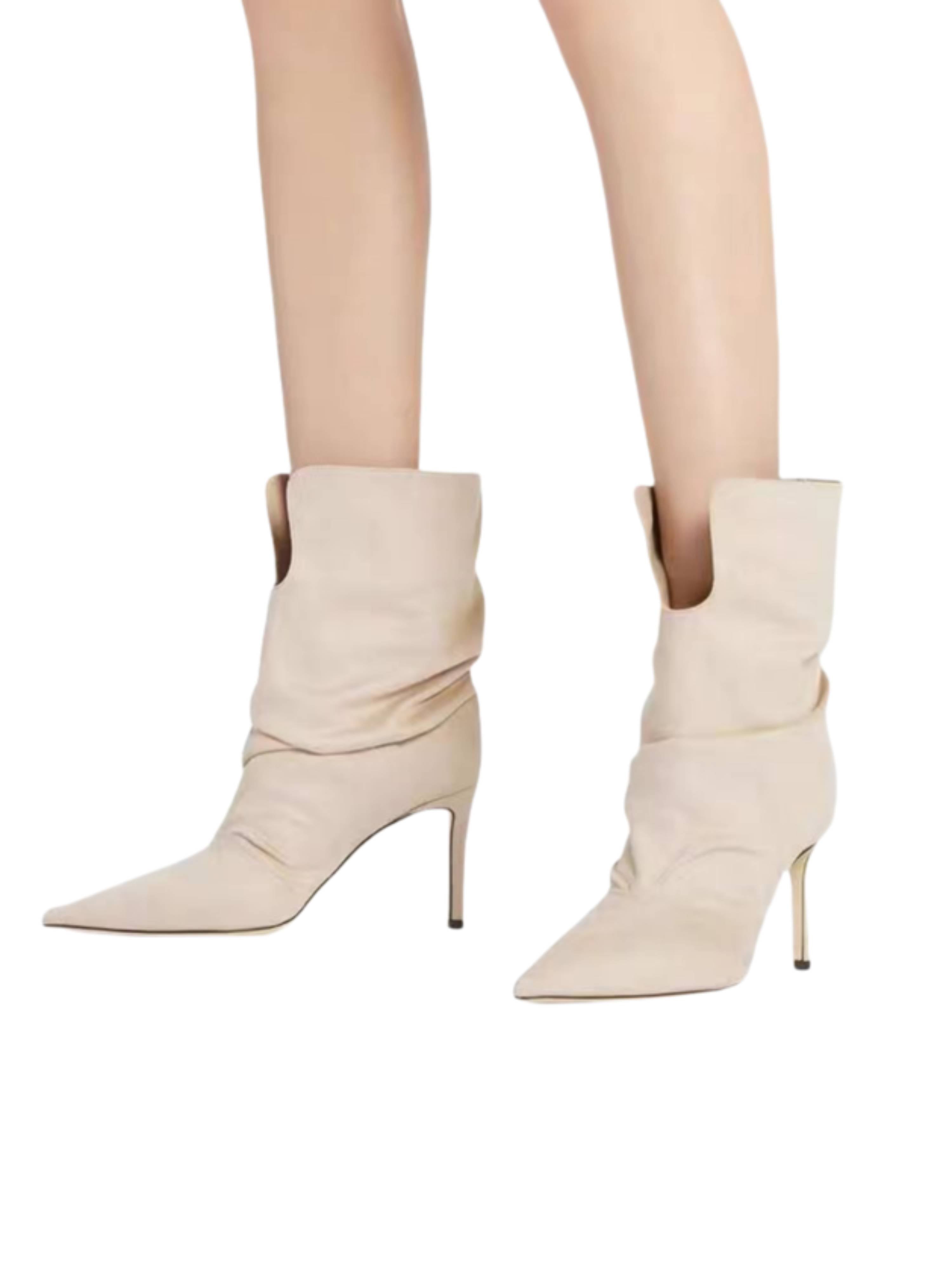 Beige Faux Suede Slouchy High-Heel Ankle Boots Women
