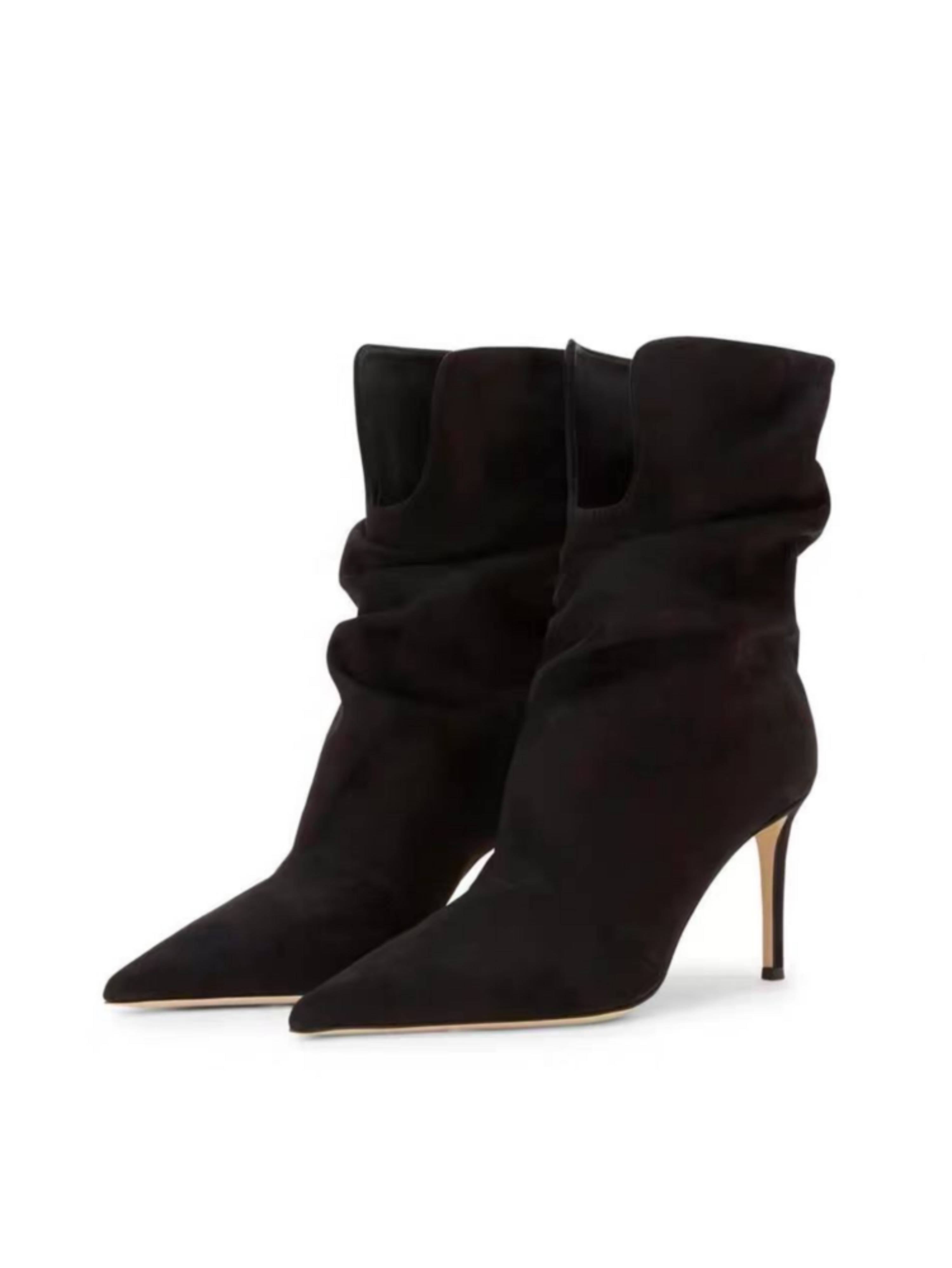 Black Faux Suede Slouchy Ankle Boots with High Heels