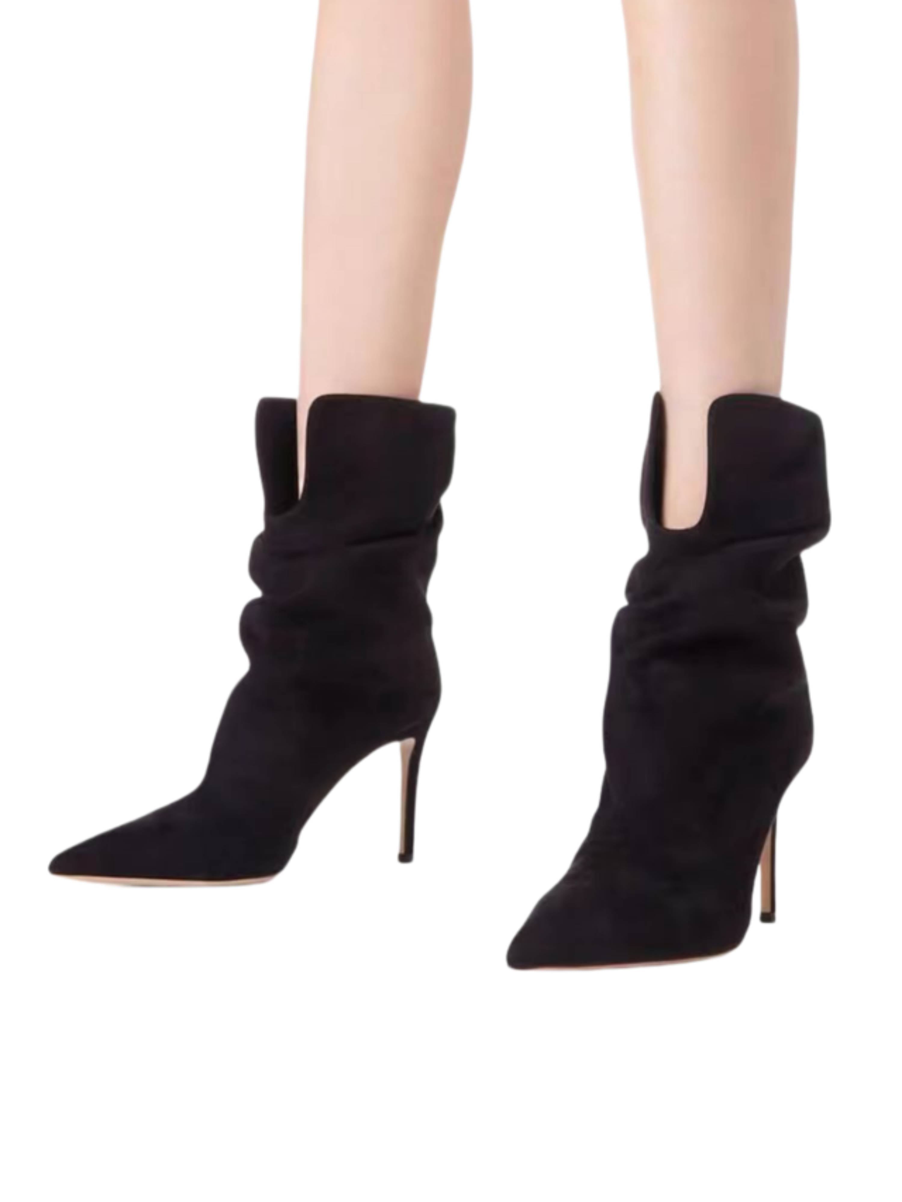 Black Faux Suede Slouchy Ankle Boots with High Heels