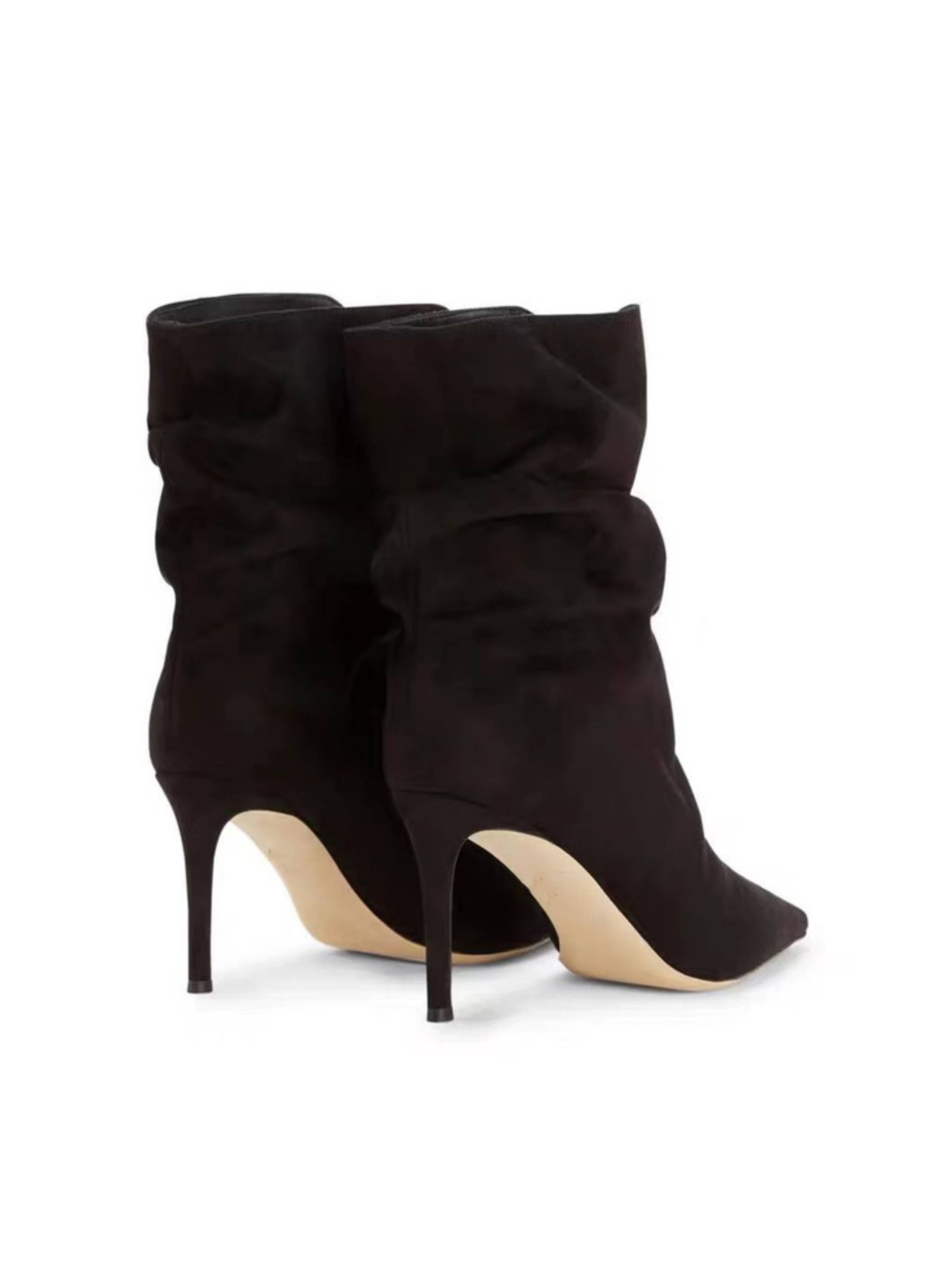 Black Faux Suede Slouchy Ankle Boots with High Heels