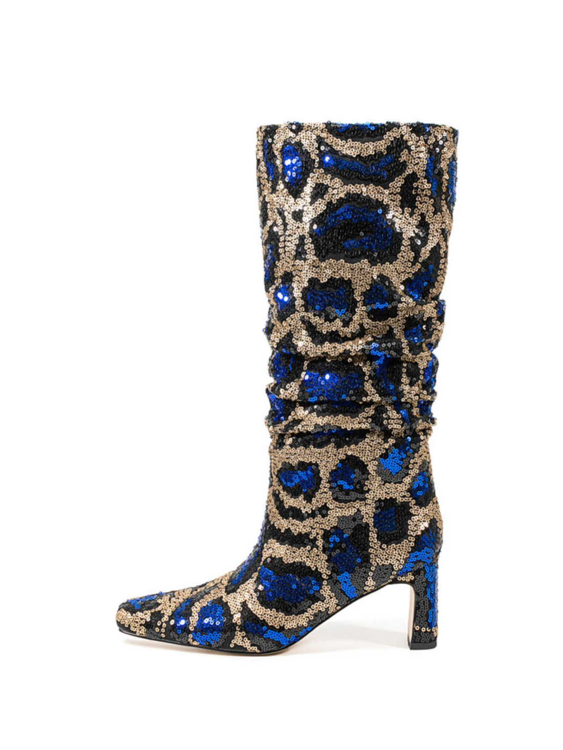 Blue and Gold Sequin Slouch Mid Calf Fashion Boots