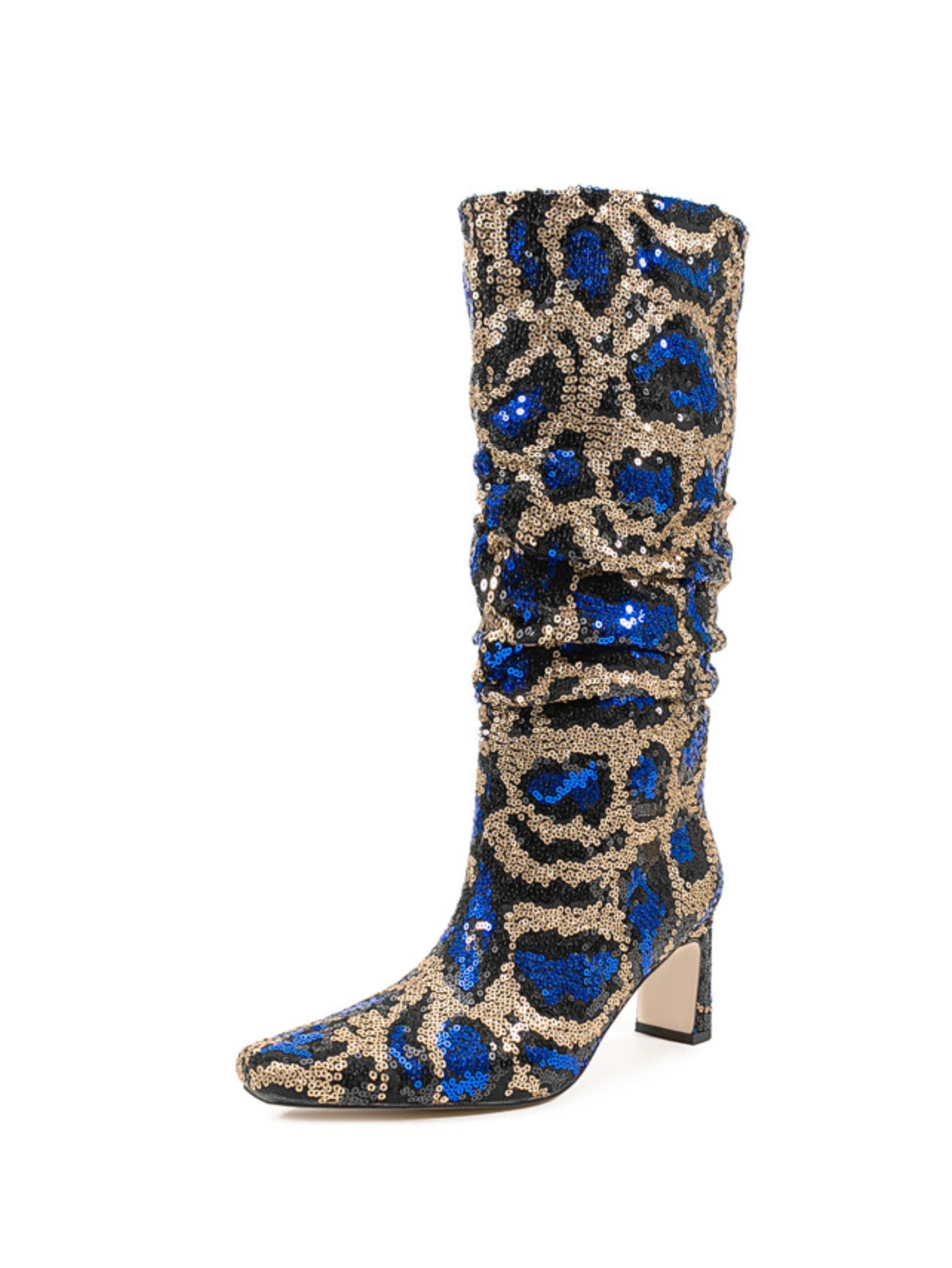 Blue and Gold Sequin Slouch Mid Calf Fashion Boots