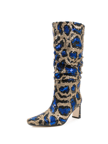 Blue and Gold Sequin Slouch Mid Calf Fashion Boots