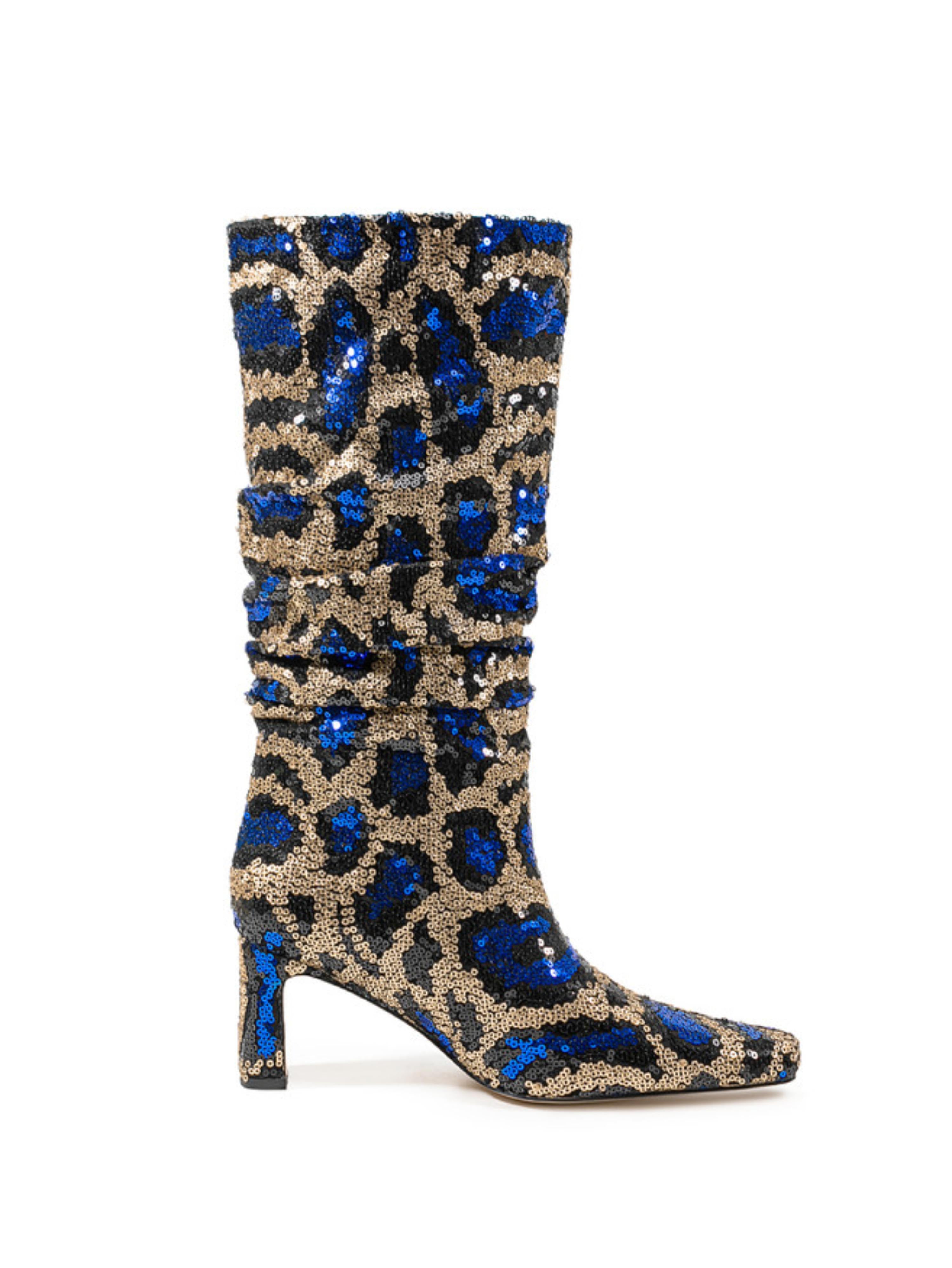Blue and Gold Sequin Slouch Mid Calf Fashion Boots