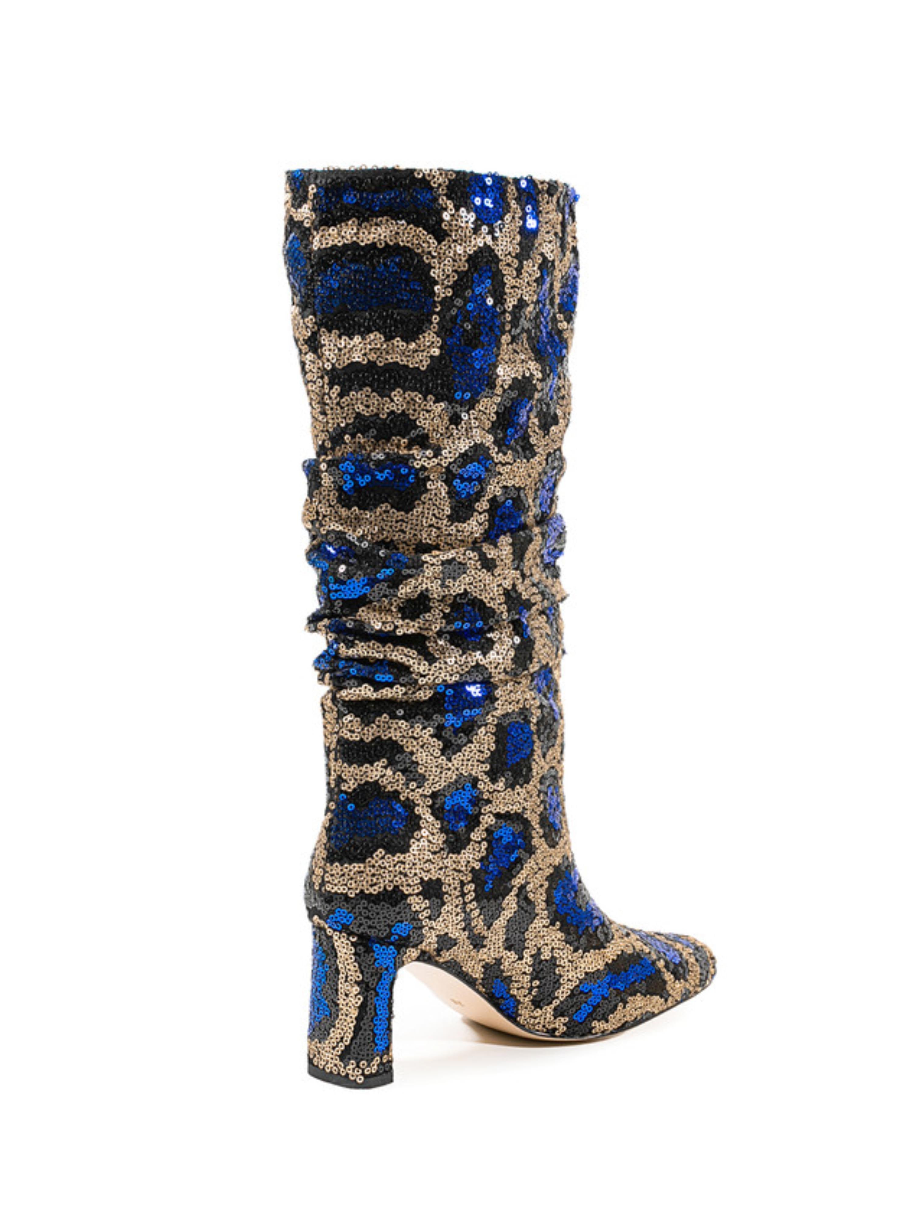 Blue and Gold Sequin Slouch Mid Calf Fashion Boots