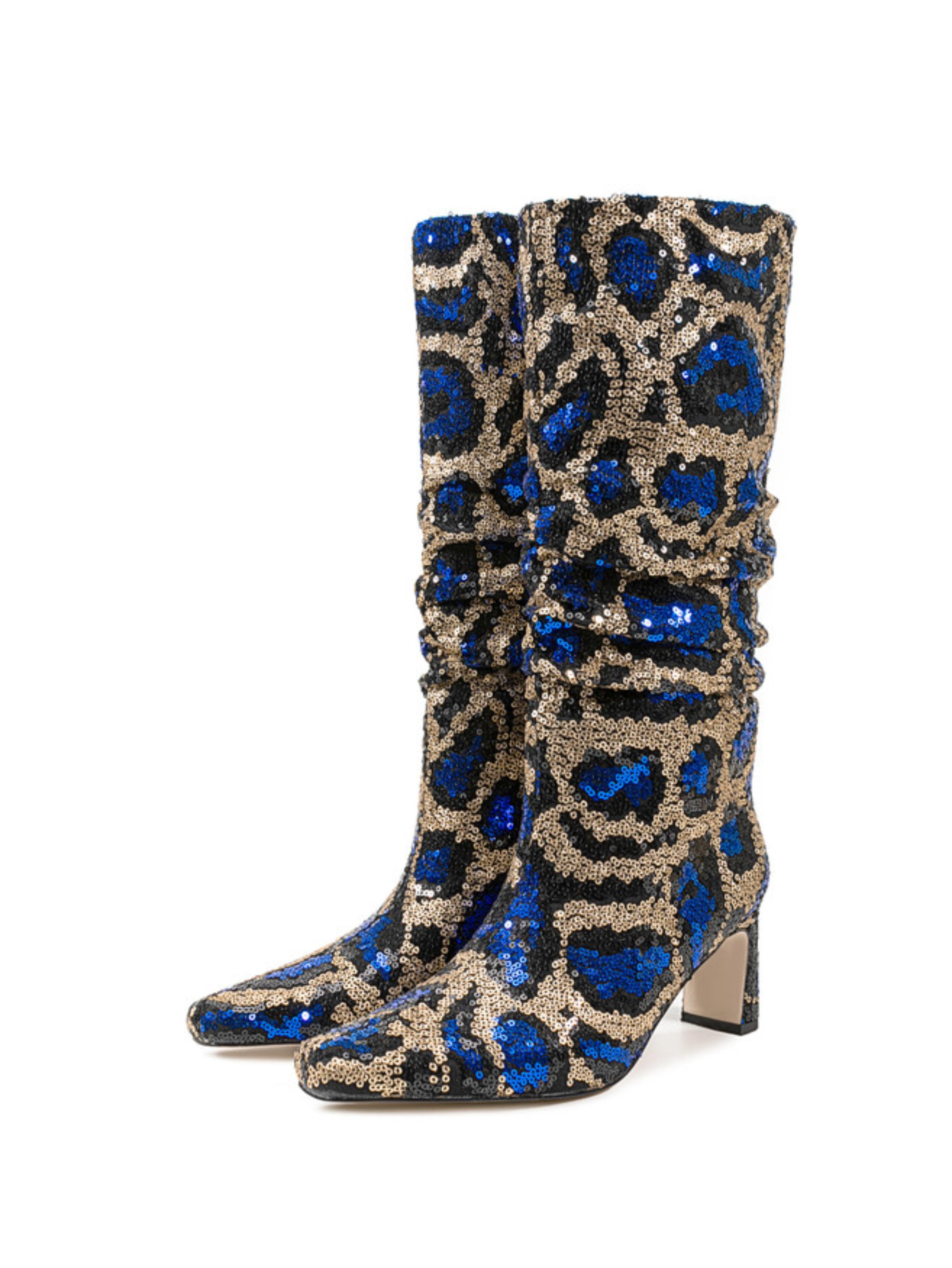 Blue and Gold Sequin Slouch Mid Calf Fashion Boots