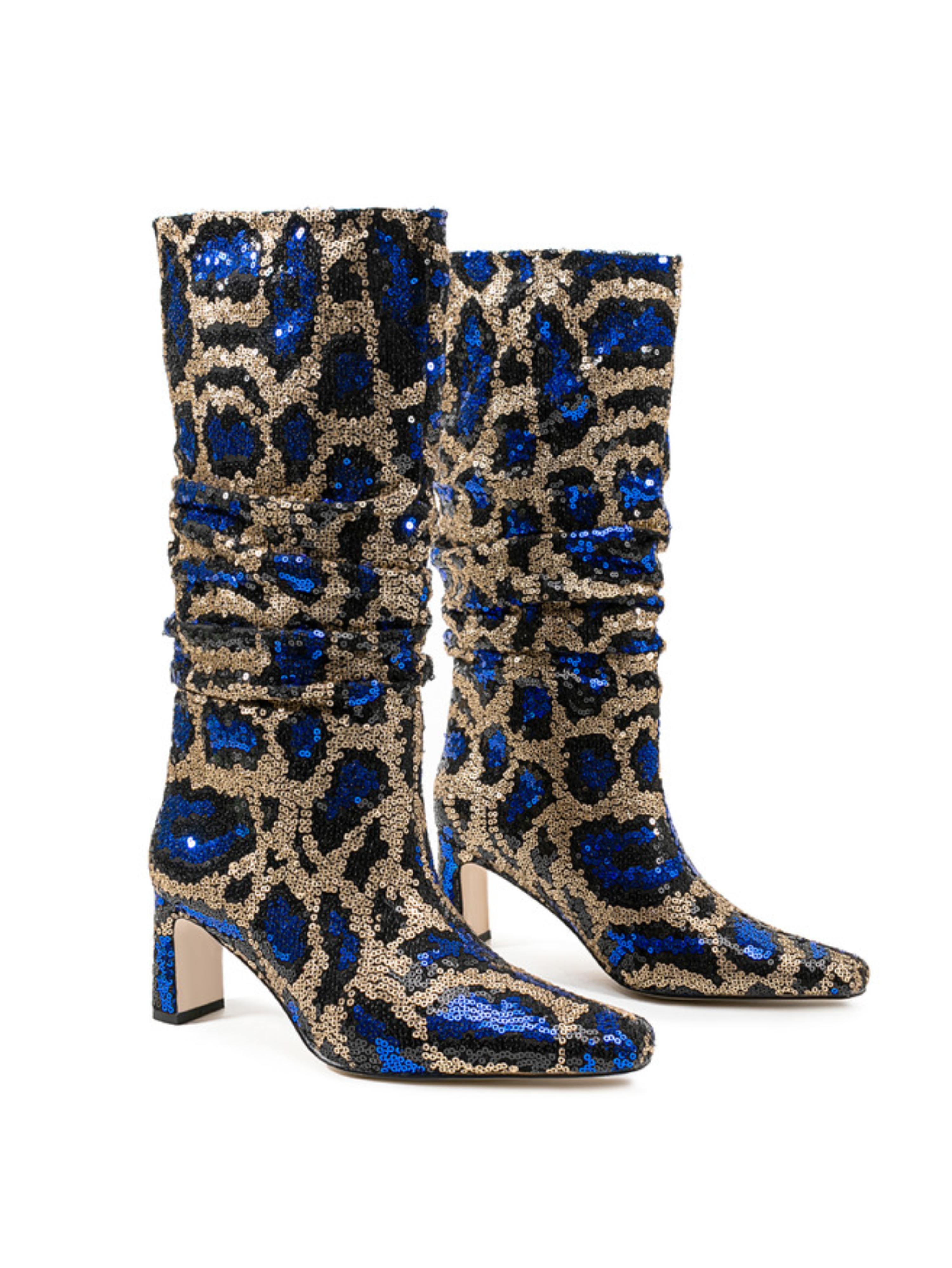Blue and Gold Sequin Slouch Mid Calf Fashion Boots