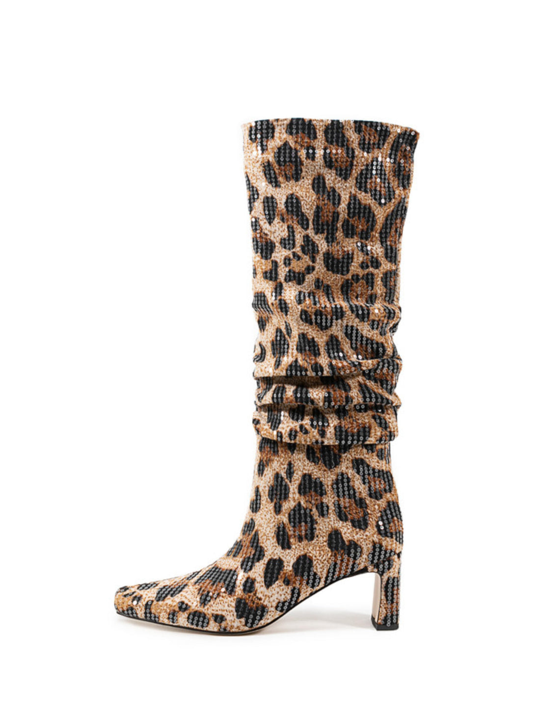 Sequin Brown Animal Print Chunky Heel Slouch Boots