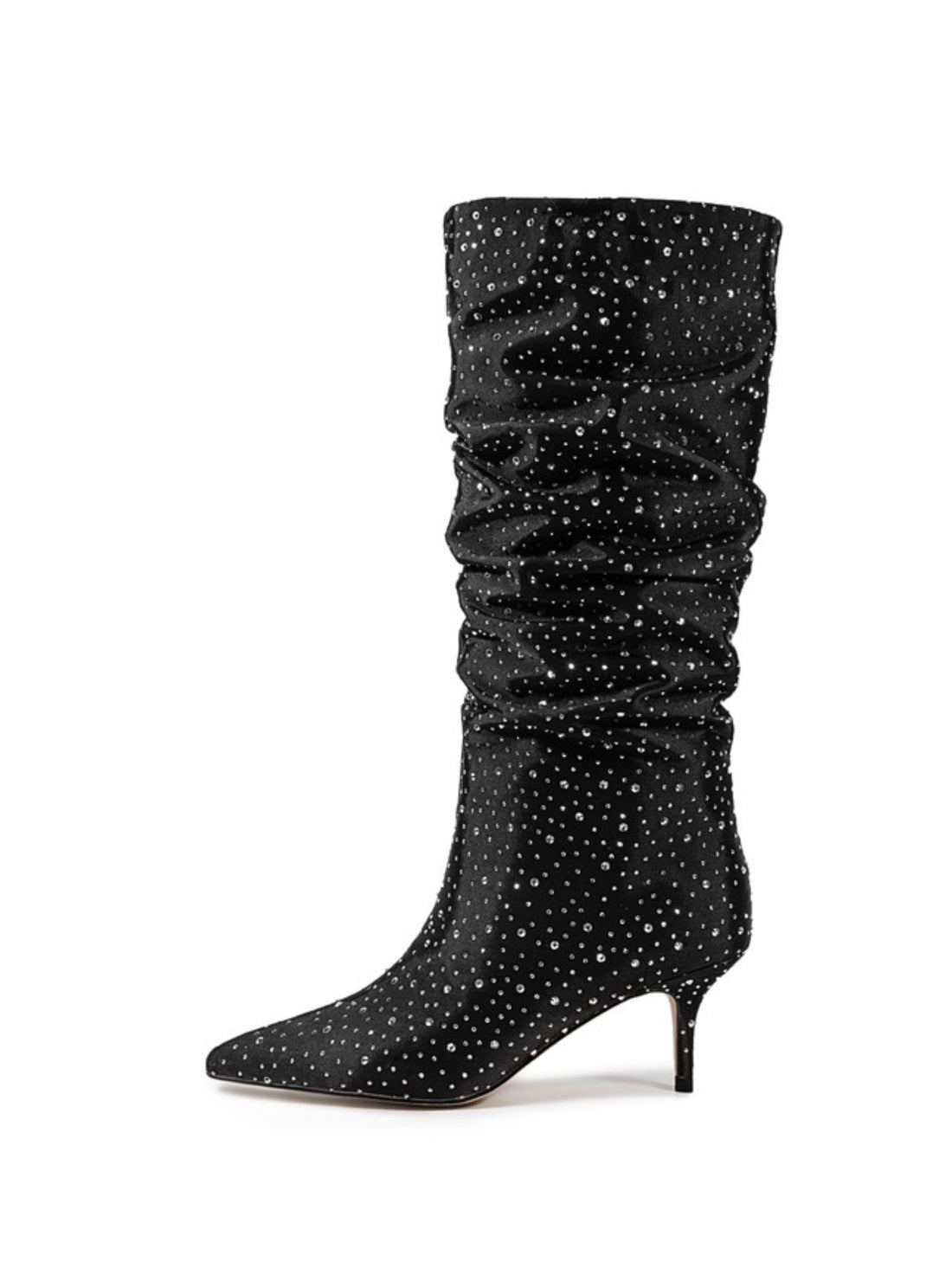 Shining Black Fabric Mid-Calf Pointed Toe Boots for Women