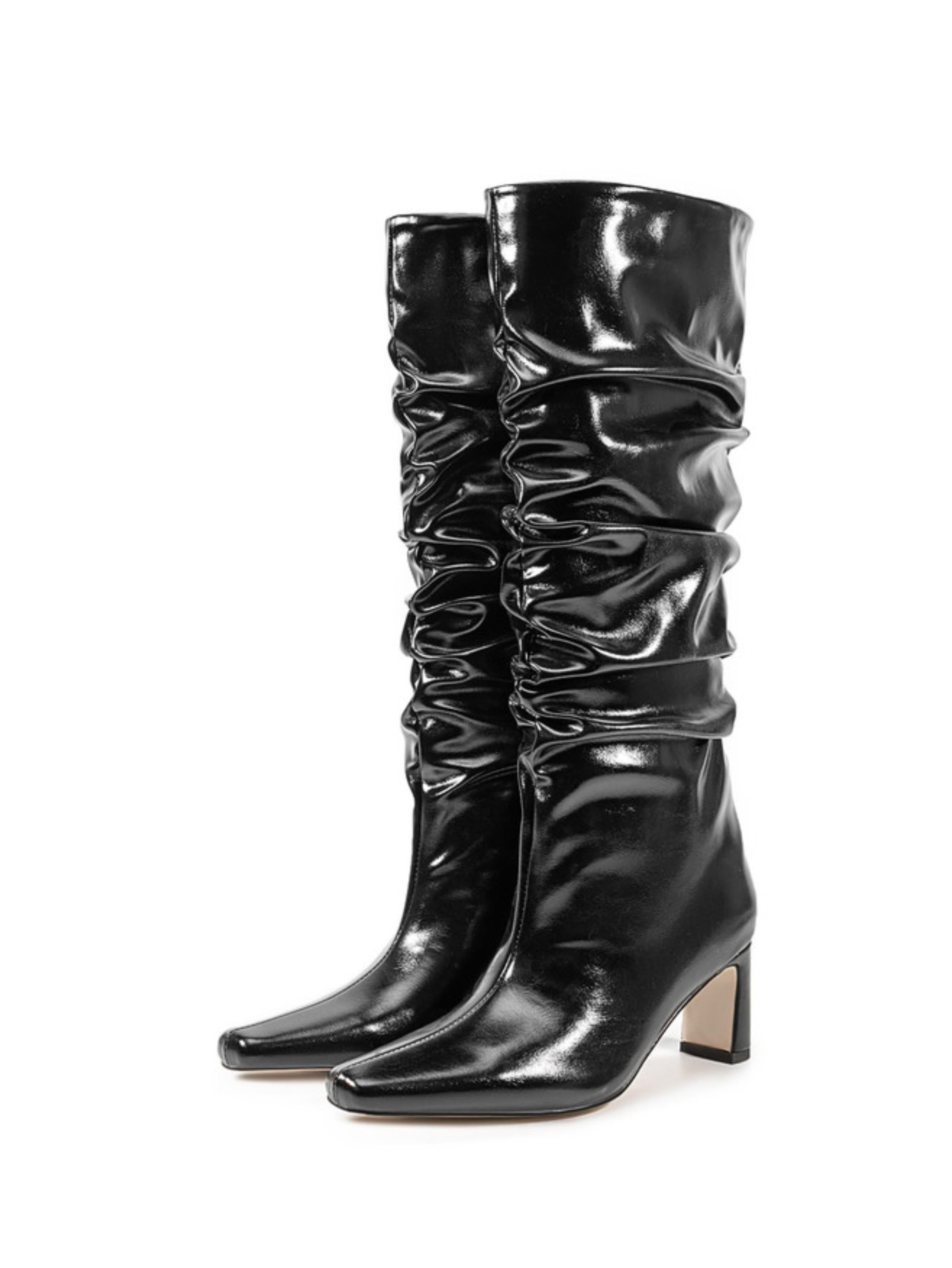 Black Mid-Heel Mid-Calf Slouch Boots for Women