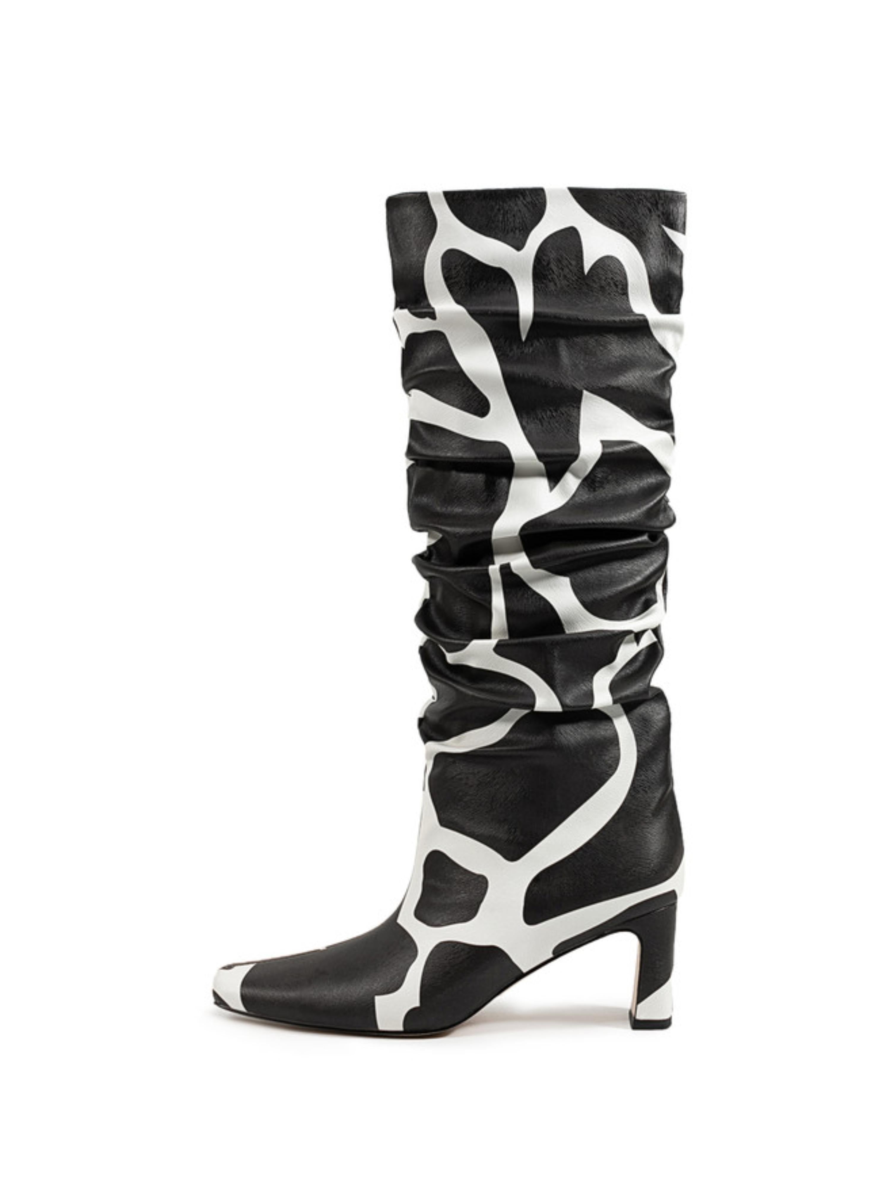 Black and White Pointed Toe Mid-Calf Boots with Chunky Heels