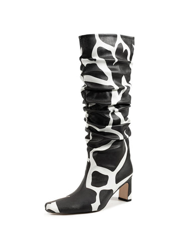 Black and White Pointed Toe Mid-Calf Boots with Chunky Heels