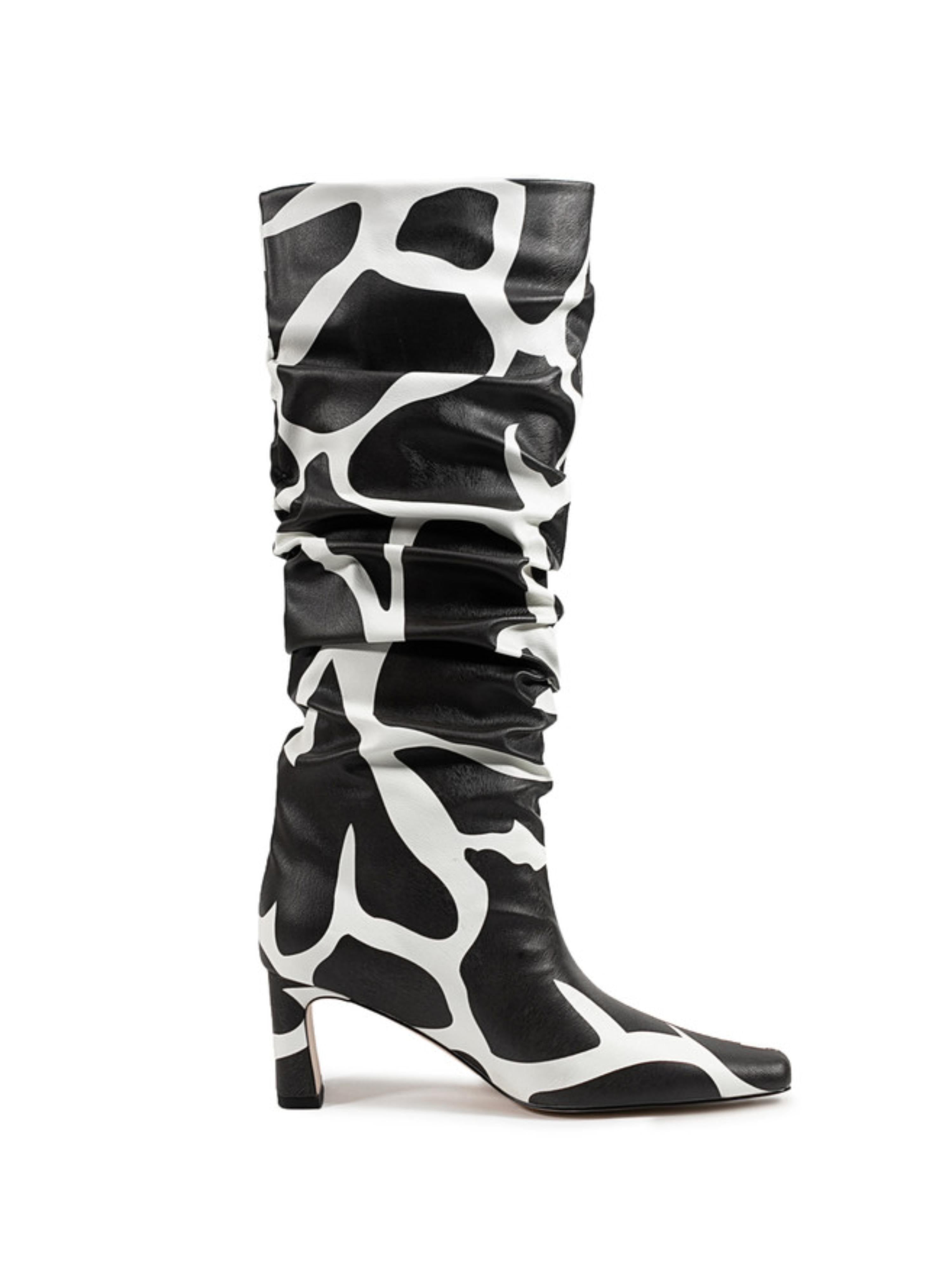Black and White Pointed Toe Mid-Calf Boots with Chunky Heels