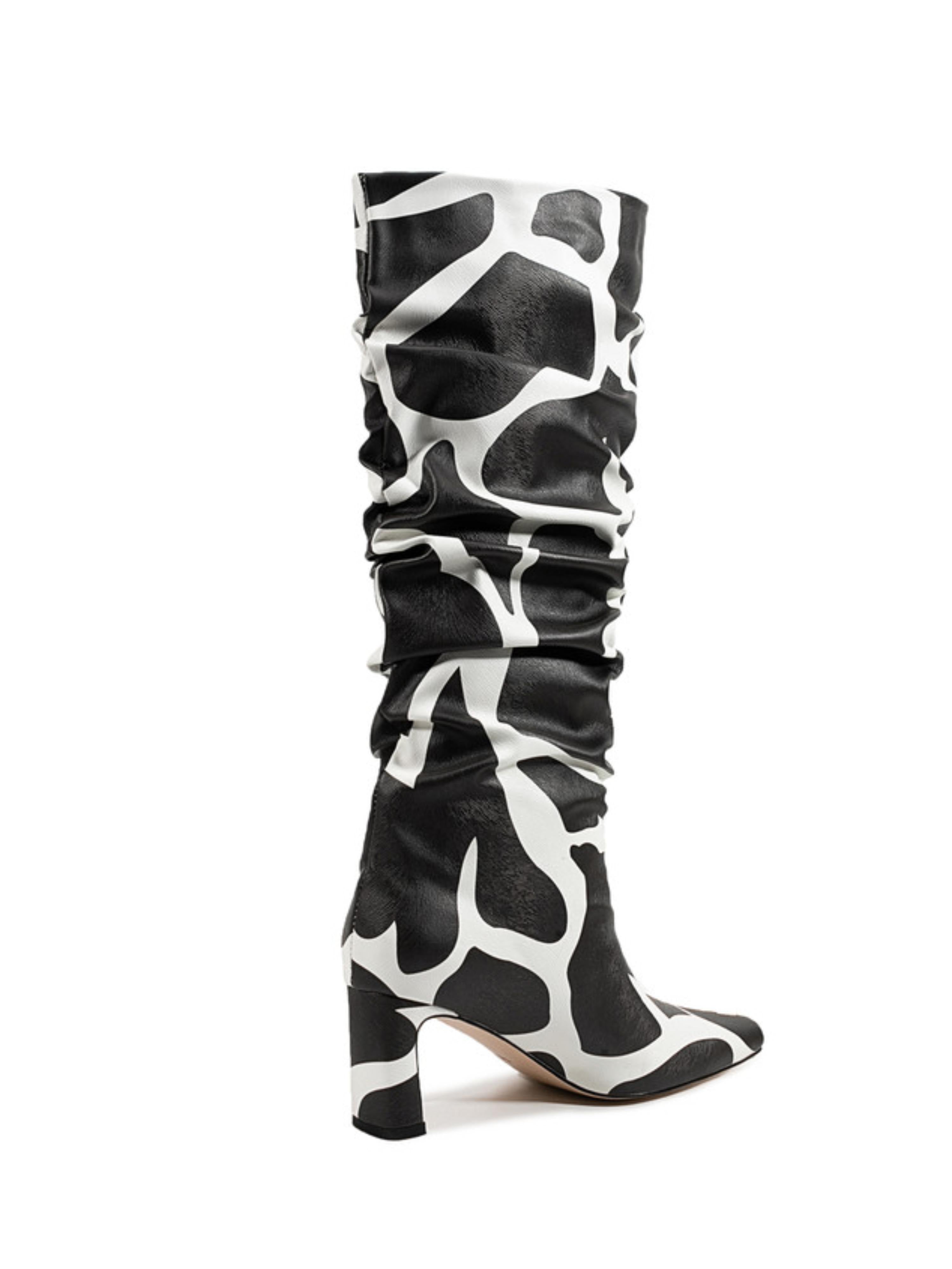 Black and White Pointed Toe Mid-Calf Boots with Chunky Heels