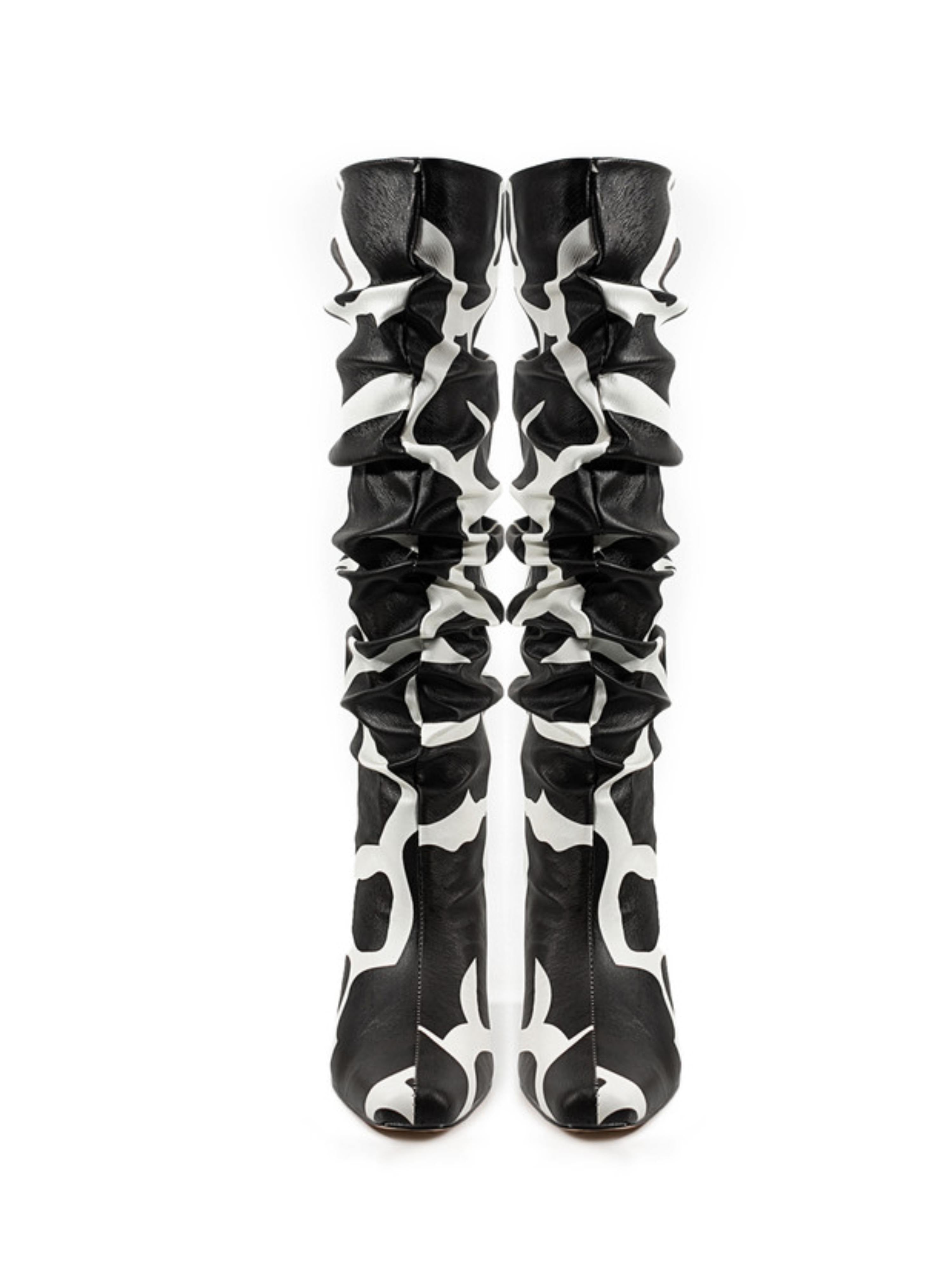 Black and White Pointed Toe Mid-Calf Boots with Chunky Heels