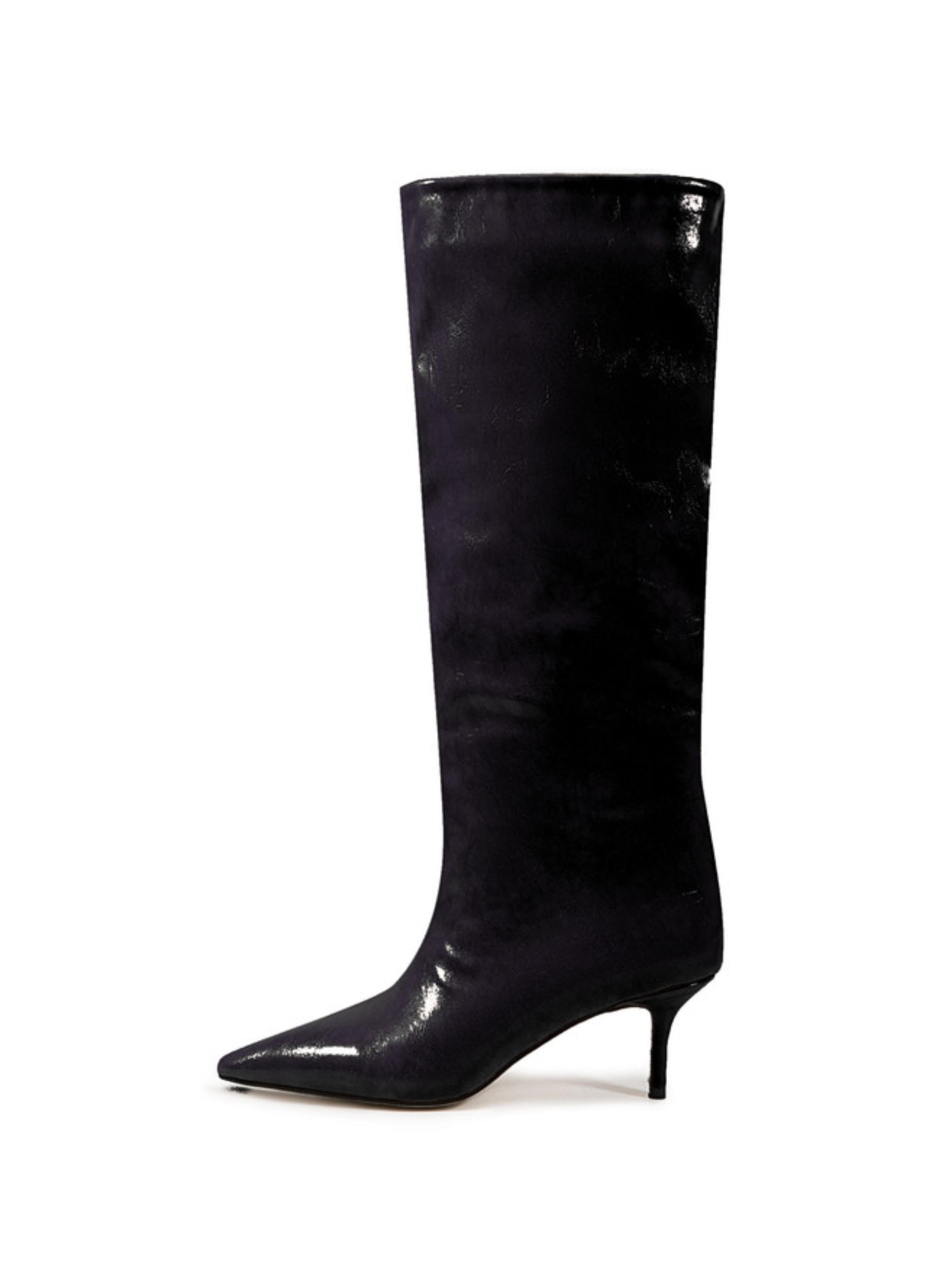 Black Kitten-Heels Pointed Toe Tall Boots for Women