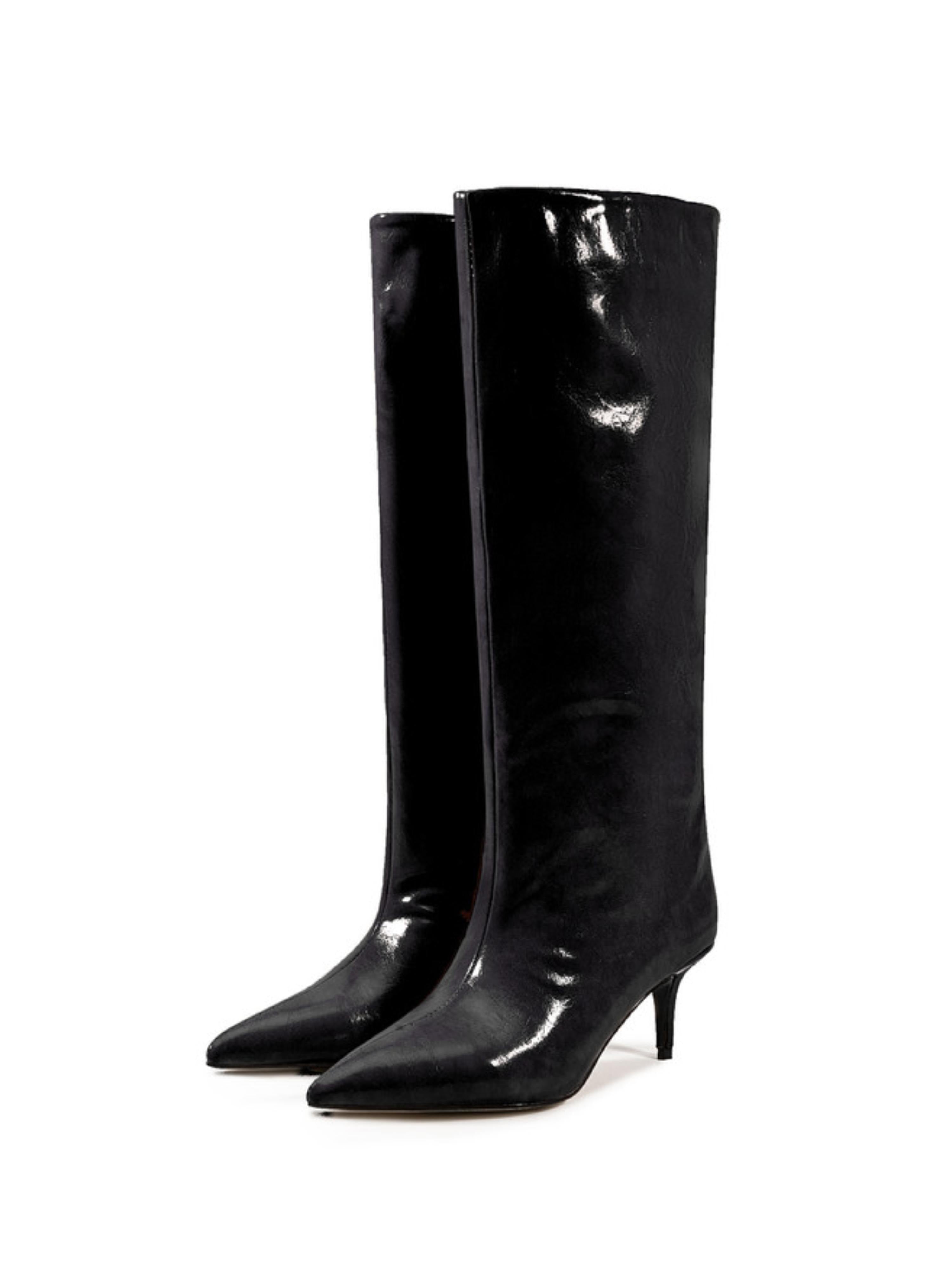 Black Kitten-Heels Pointed Toe Tall Boots for Women
