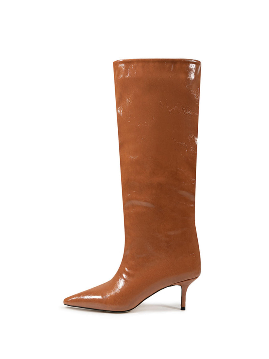 Brown Patten Leather Kitten-Heel Long Boots