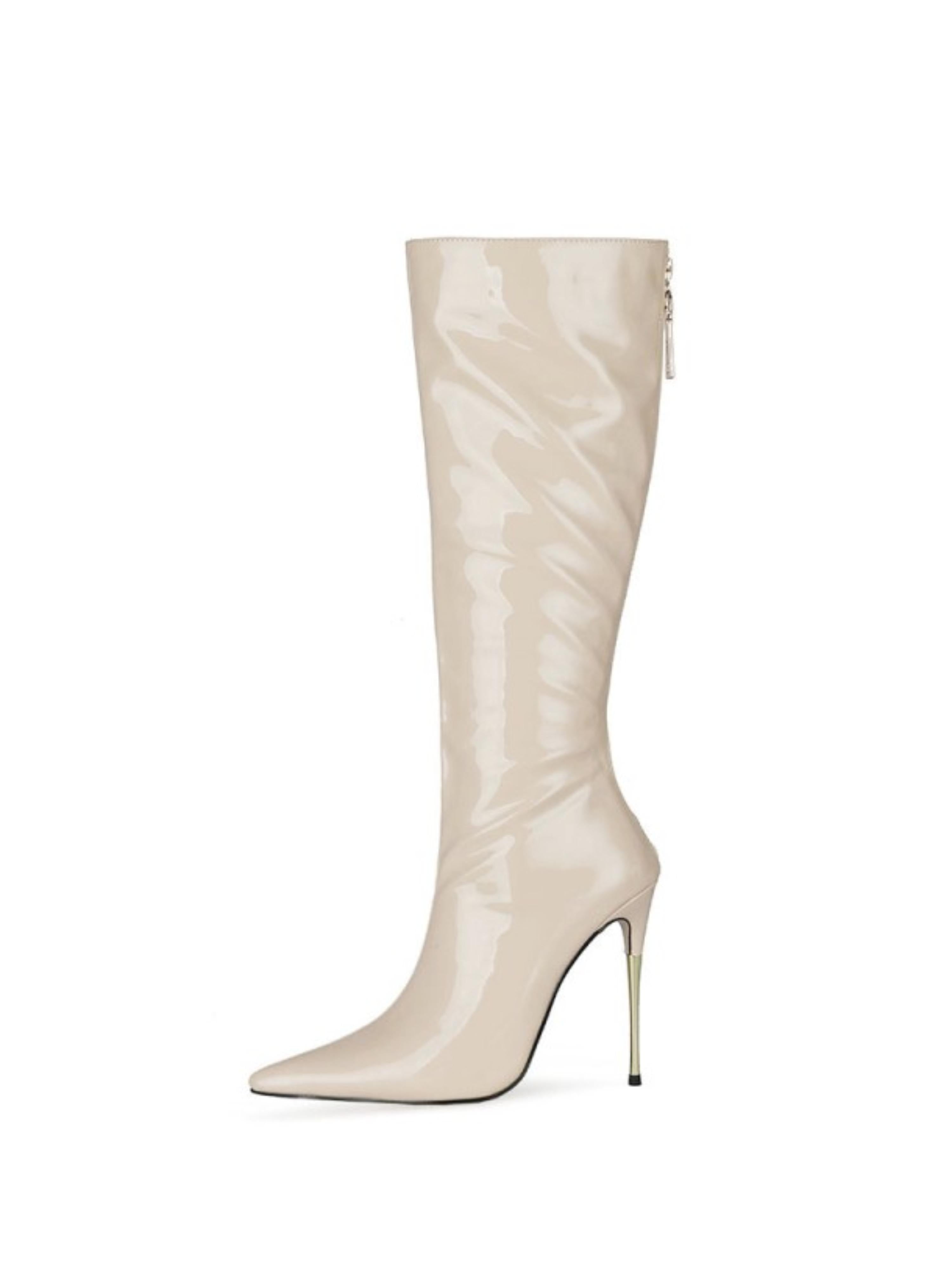 Beige Stiletto Heels Knee-High Pointed Toe Boots for Women