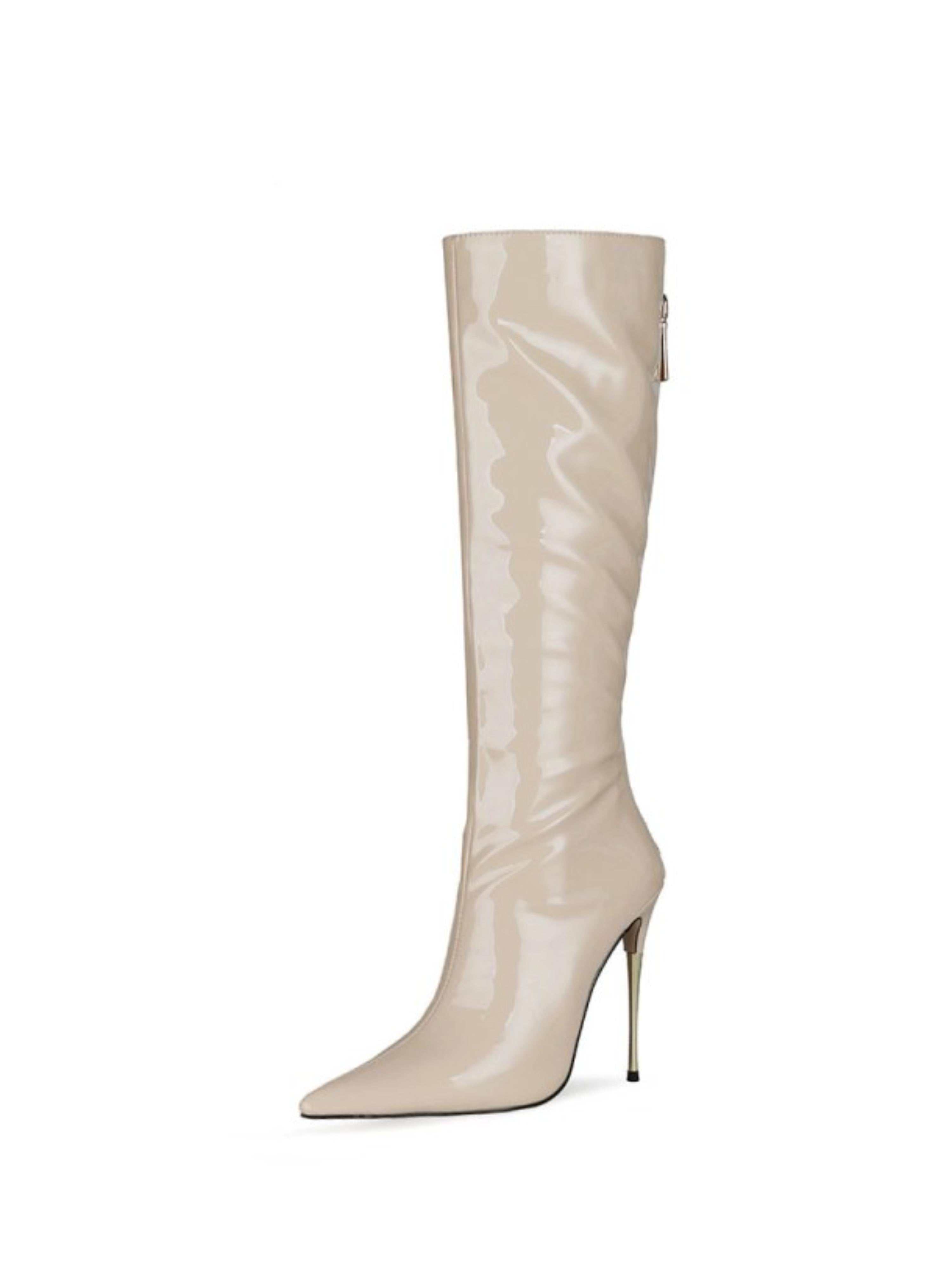 Beige Stiletto Heels Knee-High Pointed Toe Boots for Women