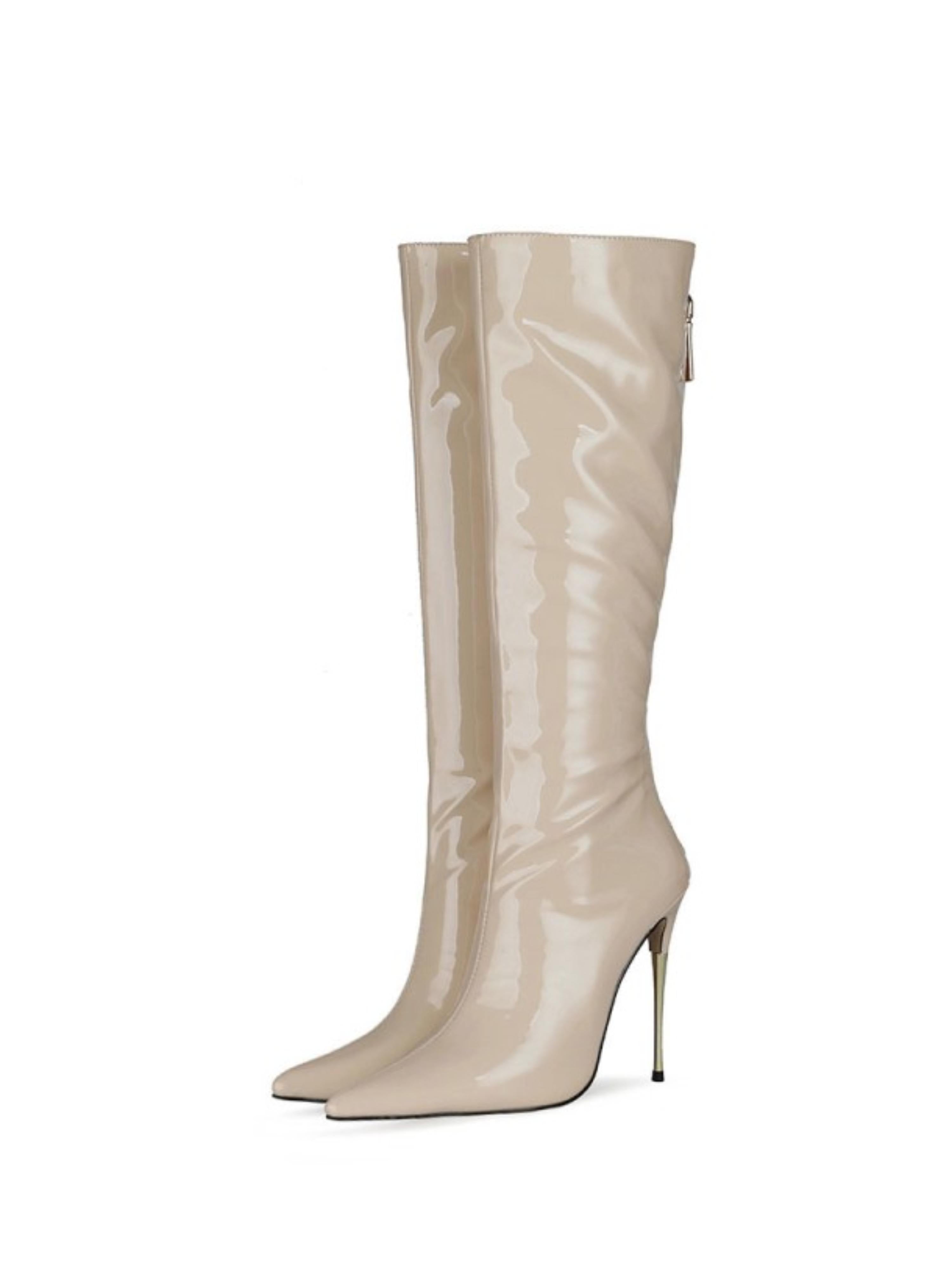 Beige Stiletto Heels Knee-High Pointed Toe Boots for Women