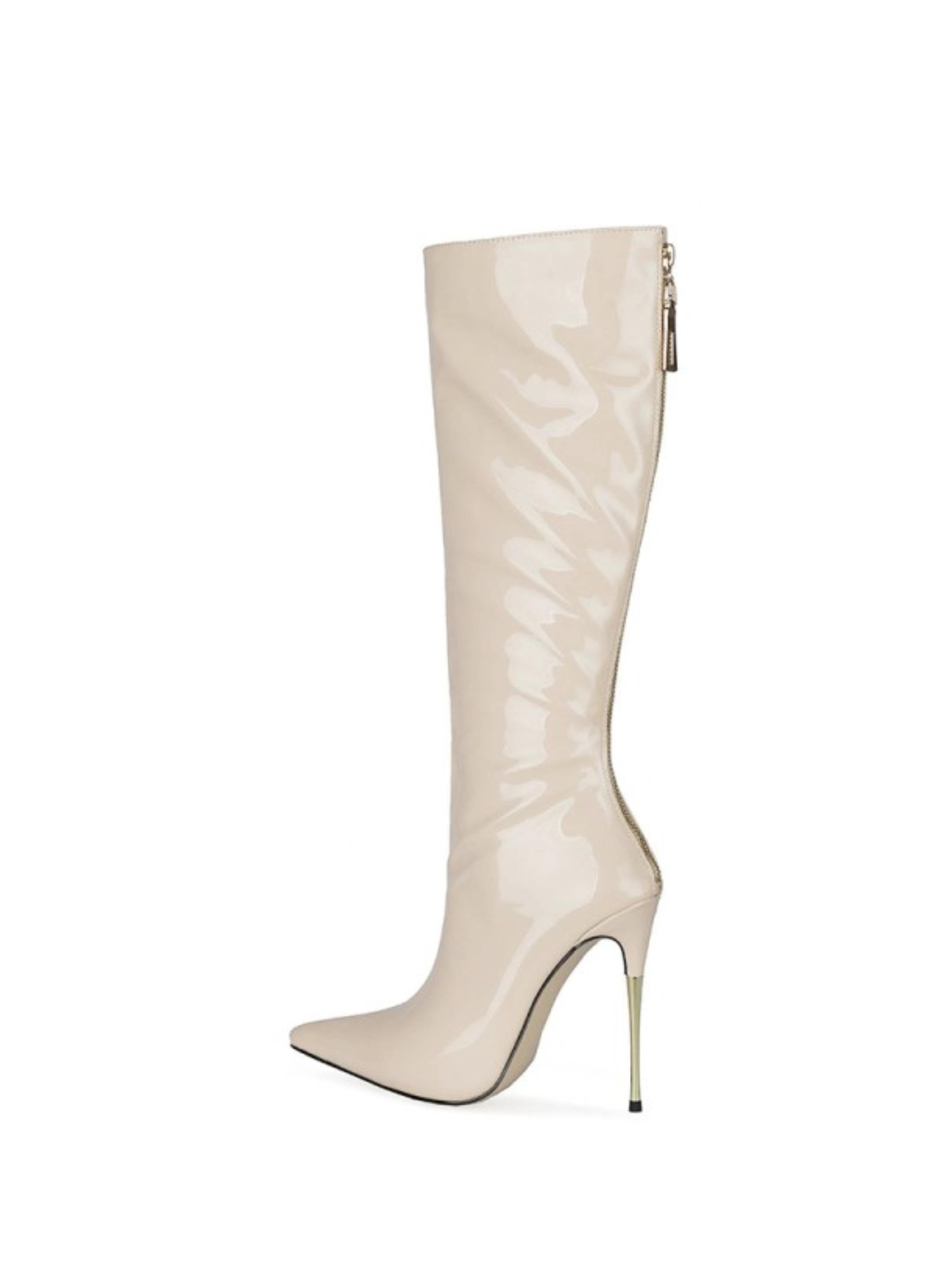 Beige Stiletto Heels Knee-High Pointed Toe Boots for Women
