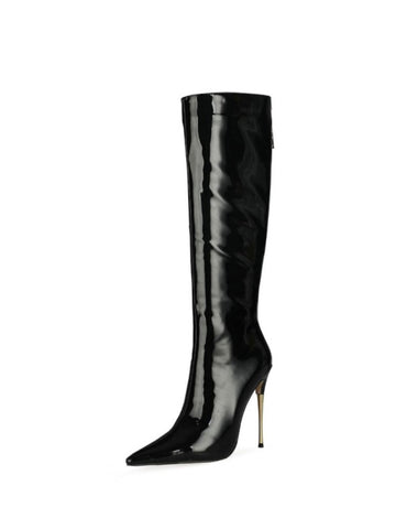 Black Pointed Toe Women's Knee-High Heel Boots
