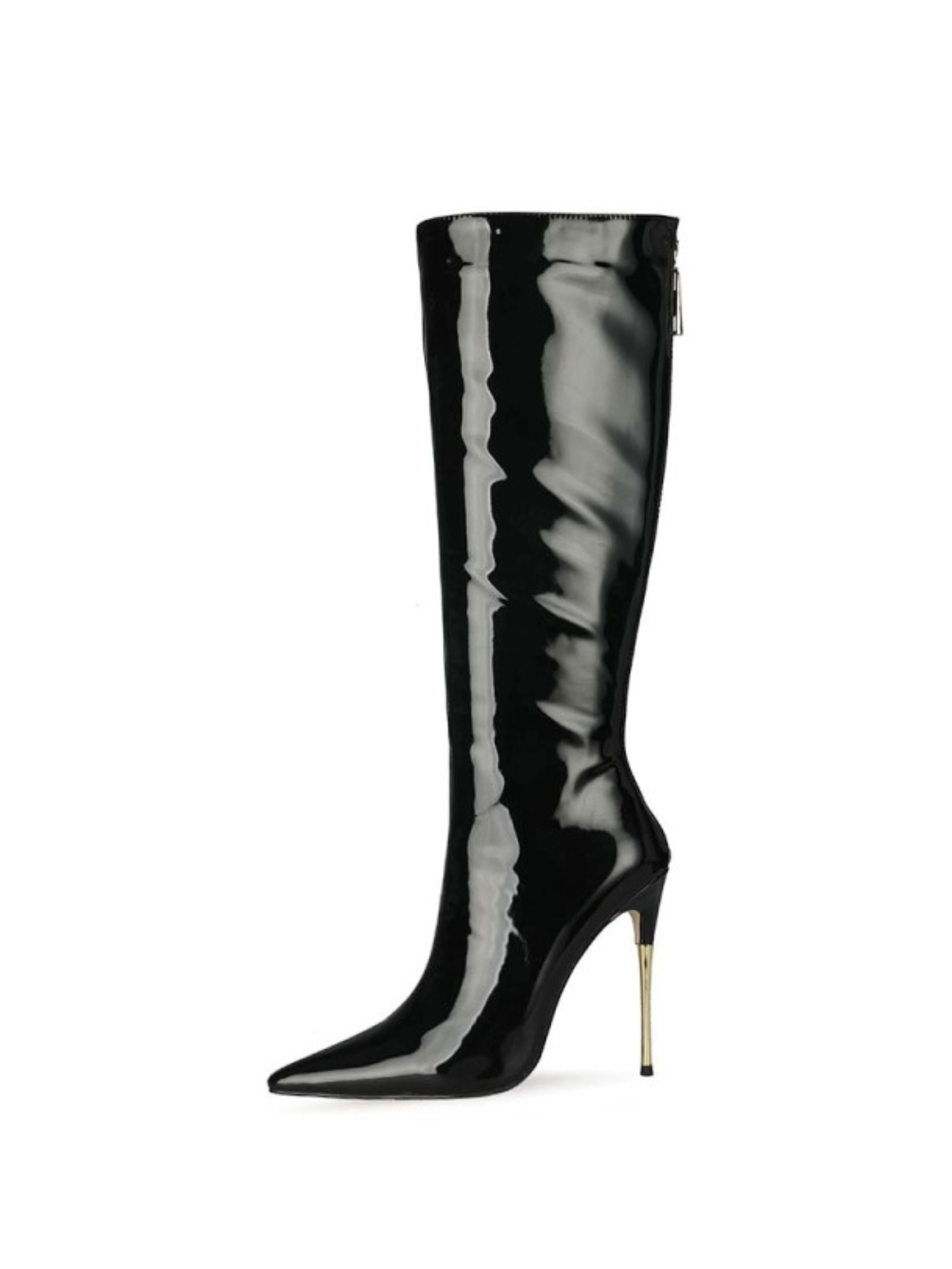 Black Pointed Toe Women's Knee-High Heel Boots