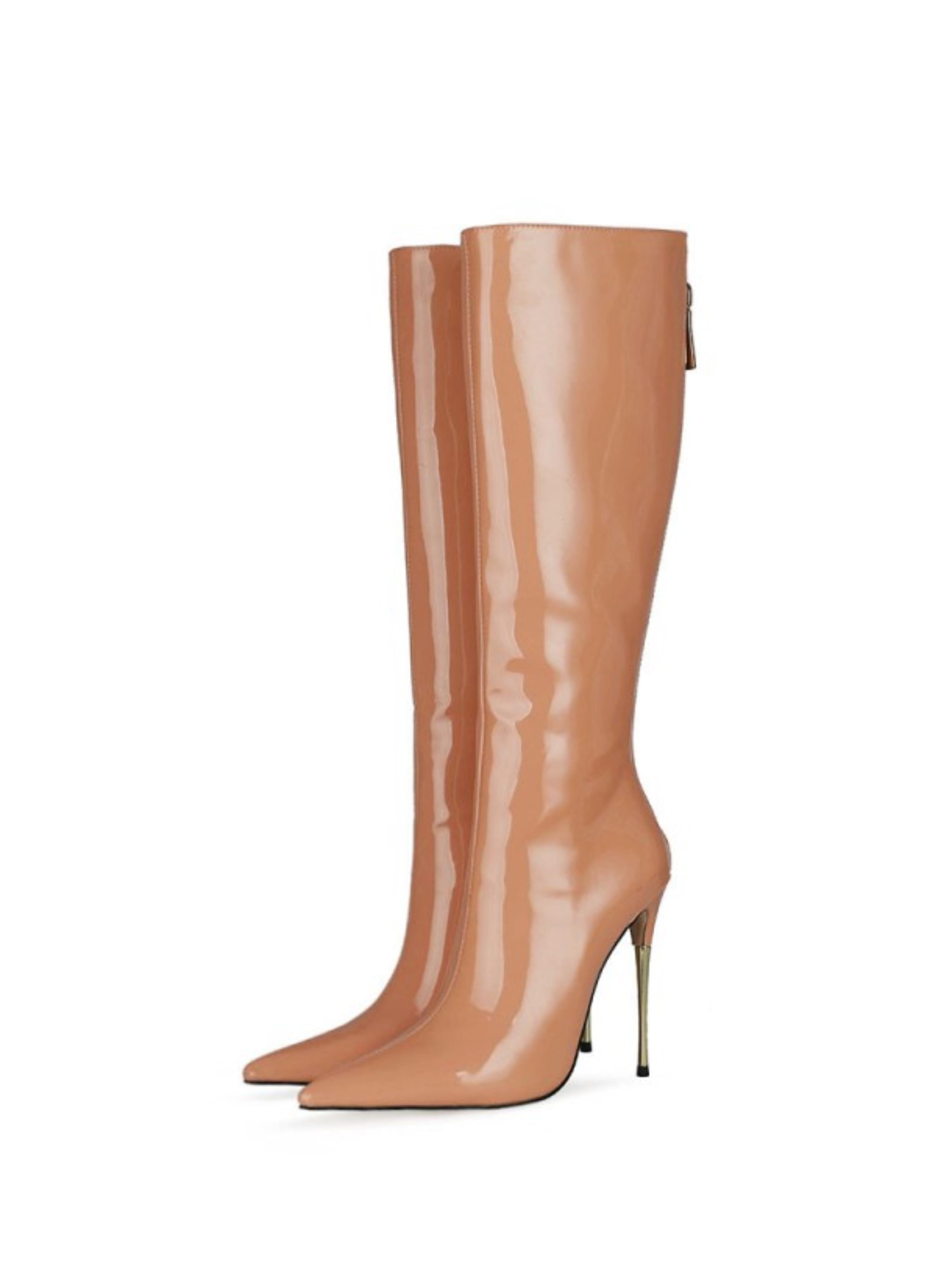 Tan Patent Leather Pointed Toe High Heel Knee-High Boots
