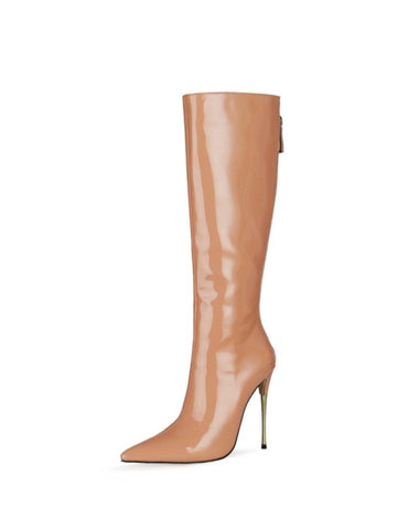 Tan Patent Leather Pointed Toe High Heel Knee-High Boots