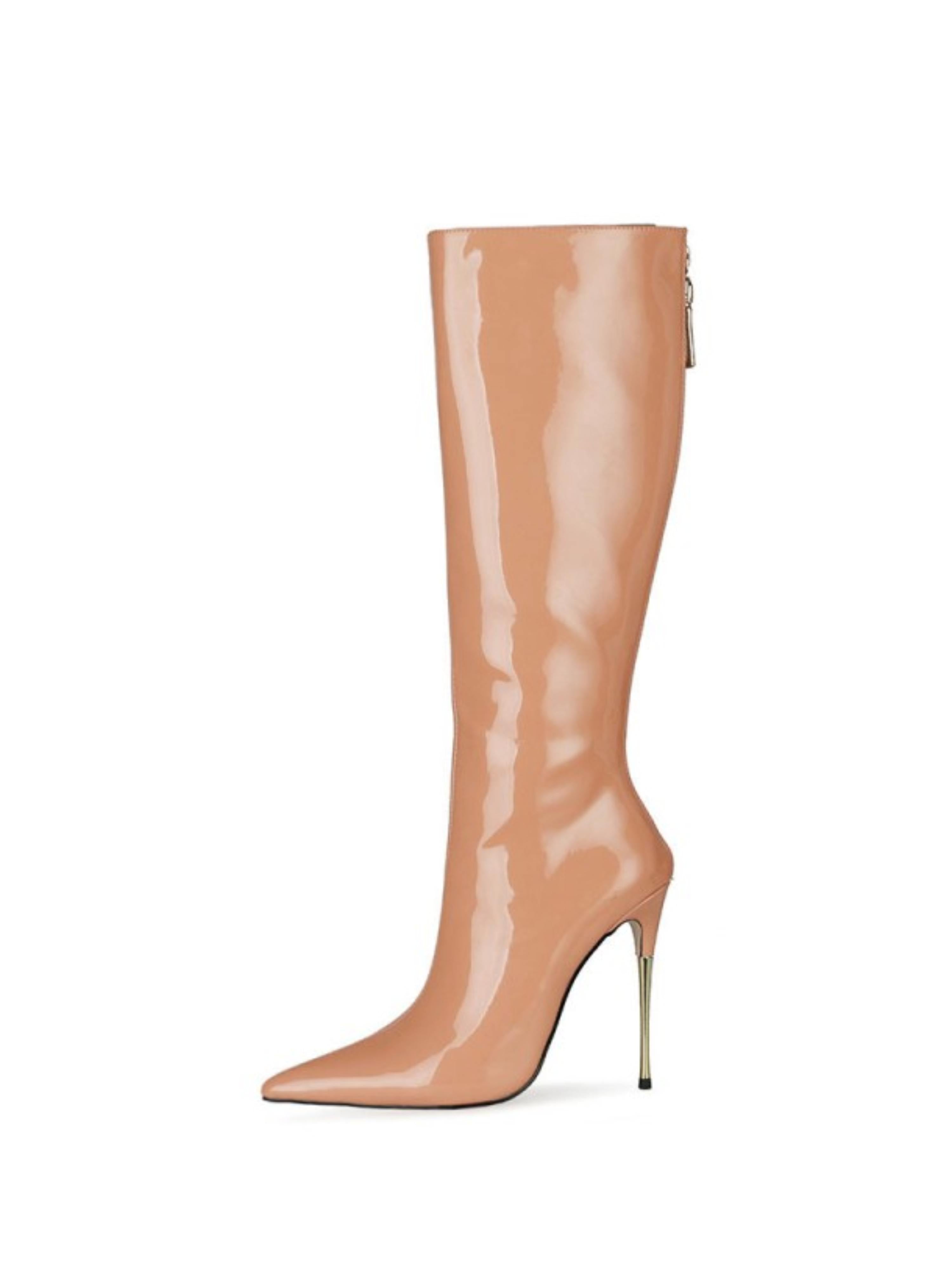 Tan Patent Leather Pointed Toe High Heel Knee-High Boots