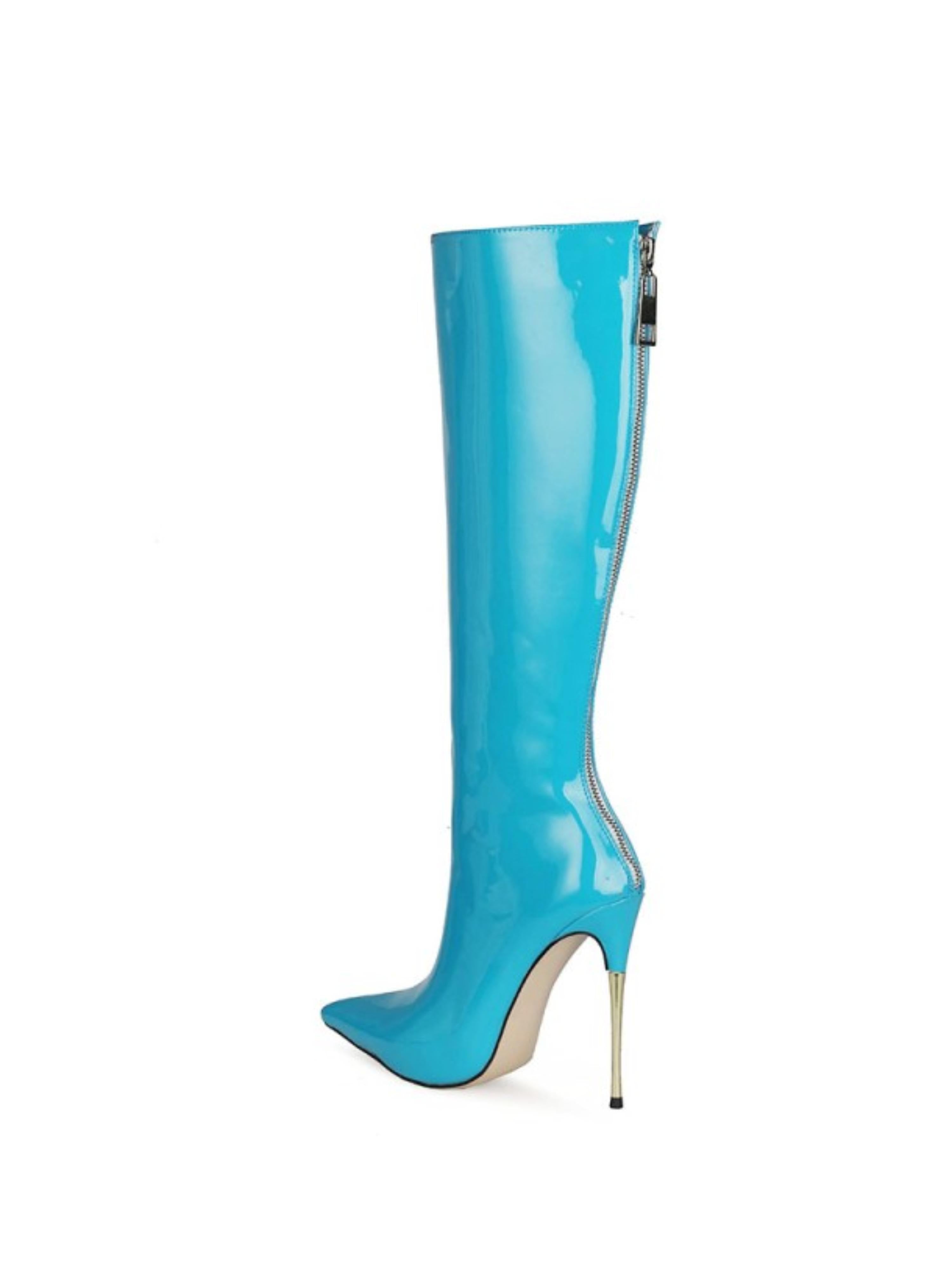 Light Blue Patent Leather High-Heel Knee-High Boots