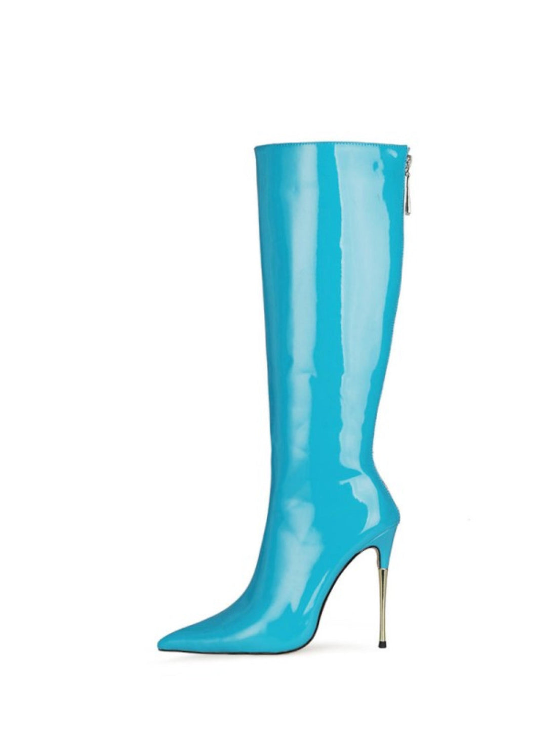Light Blue Patent Leather High-Heel Knee-High Boots