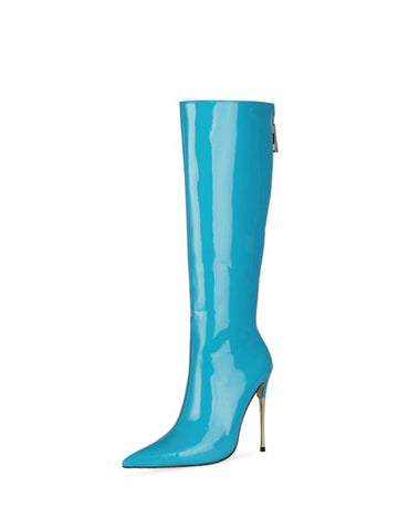 Light Blue Patent Leather High-Heel Knee-High Boots