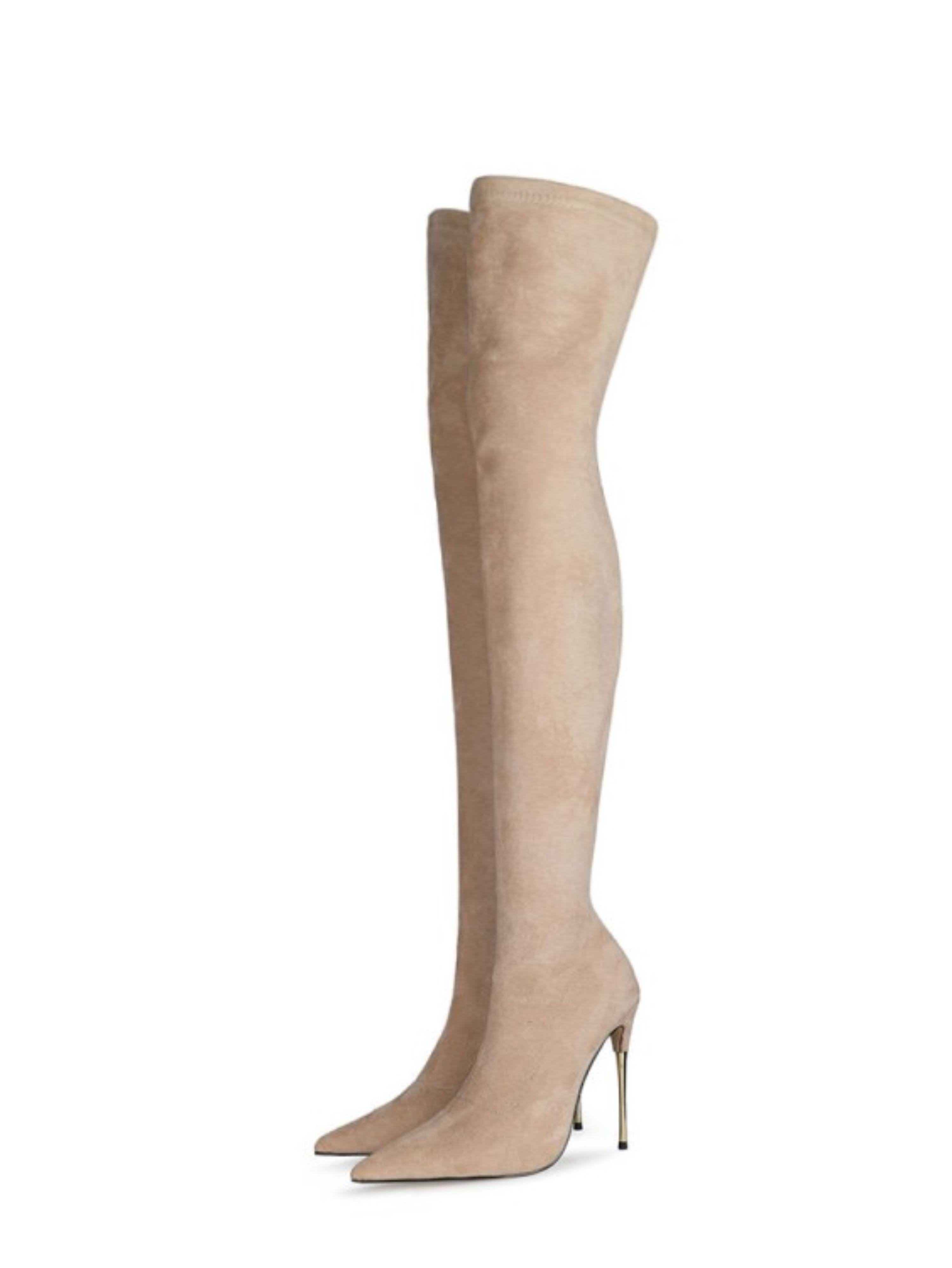 Beige Lycra Women's Thigh-High Heeled Boots