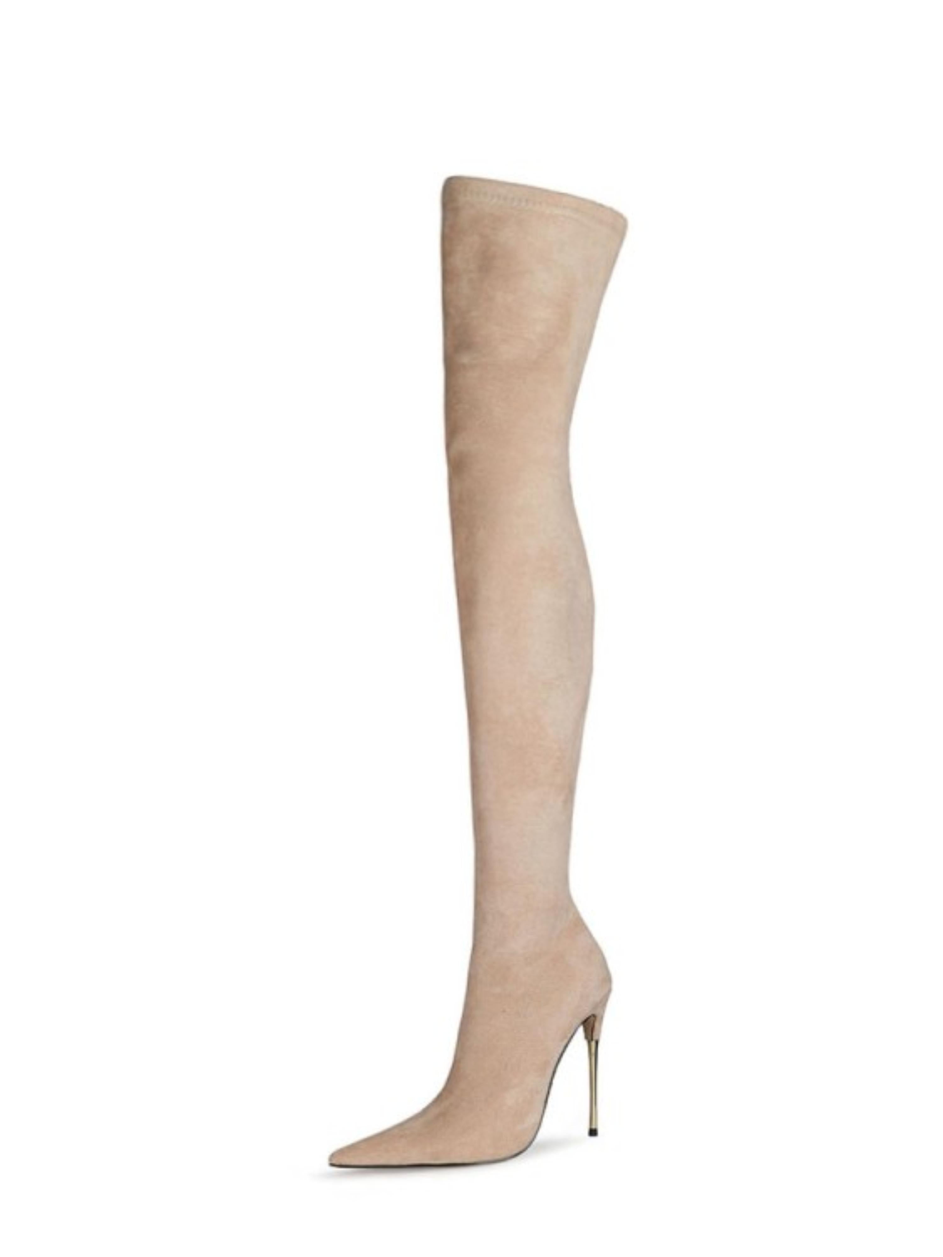 Beige Lycra Women's Thigh-High Heeled Boots