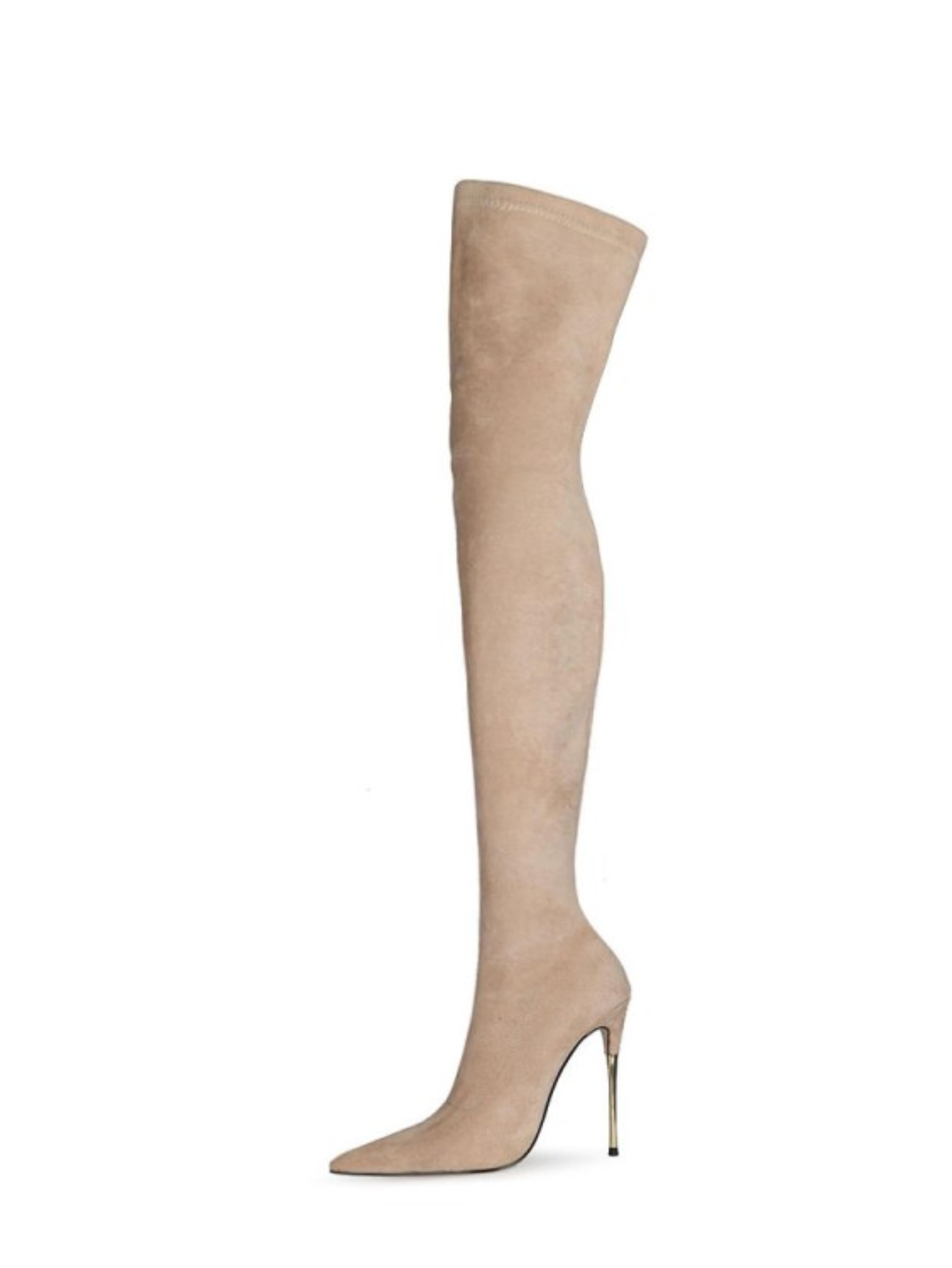 Beige Lycra Women's Thigh-High Heeled Boots