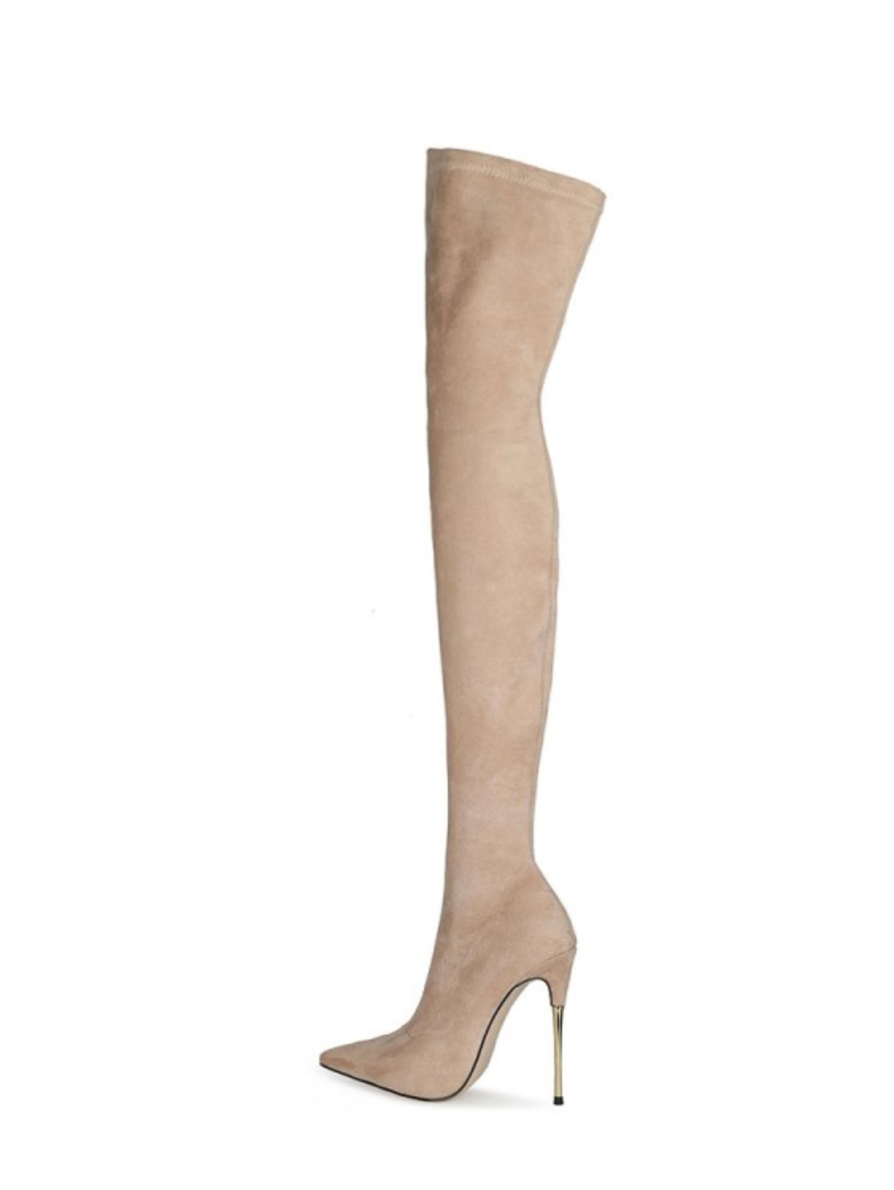 Beige Lycra Women's Thigh-High Heeled Boots