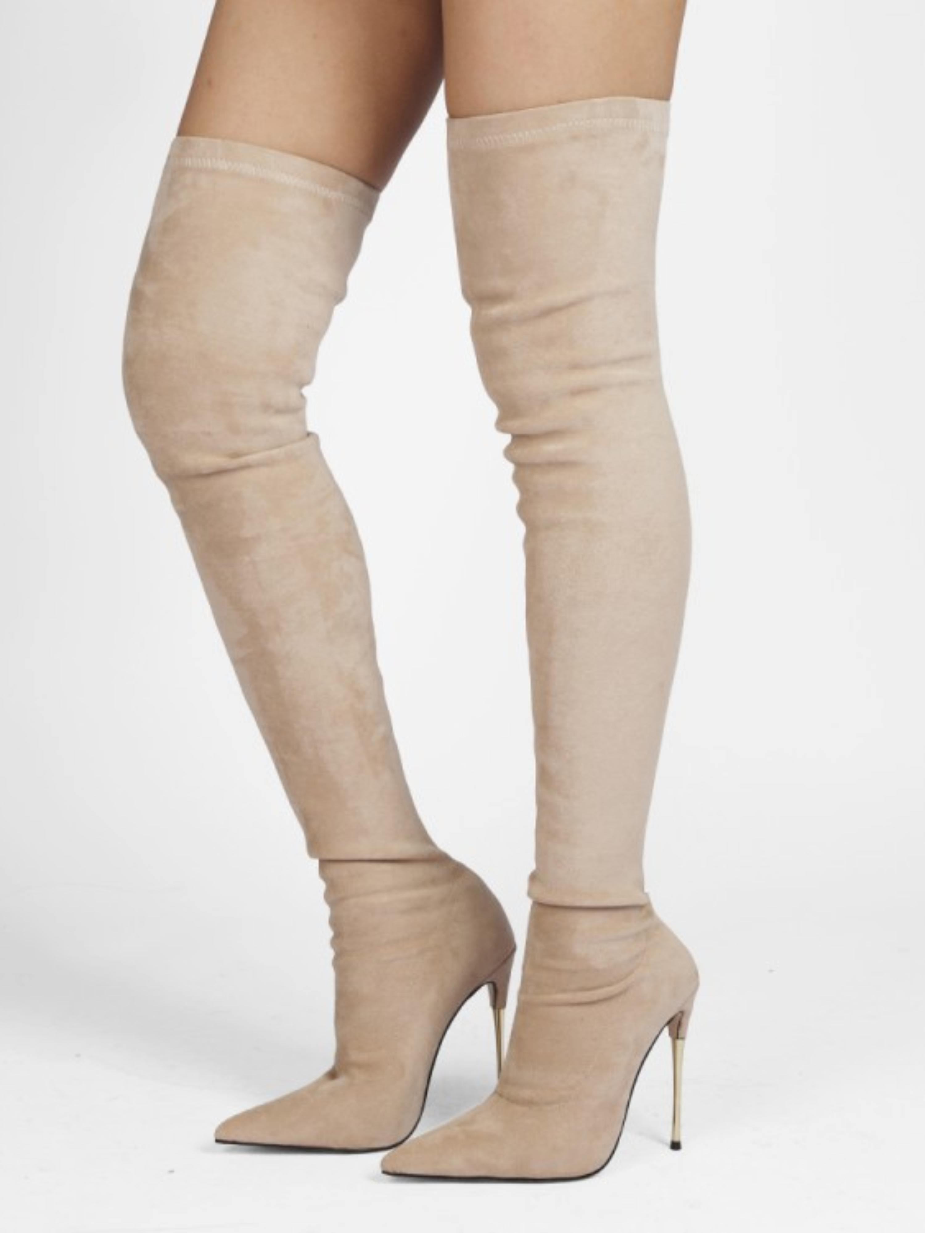 Beige Lycra Women's Thigh-High Heeled Boots