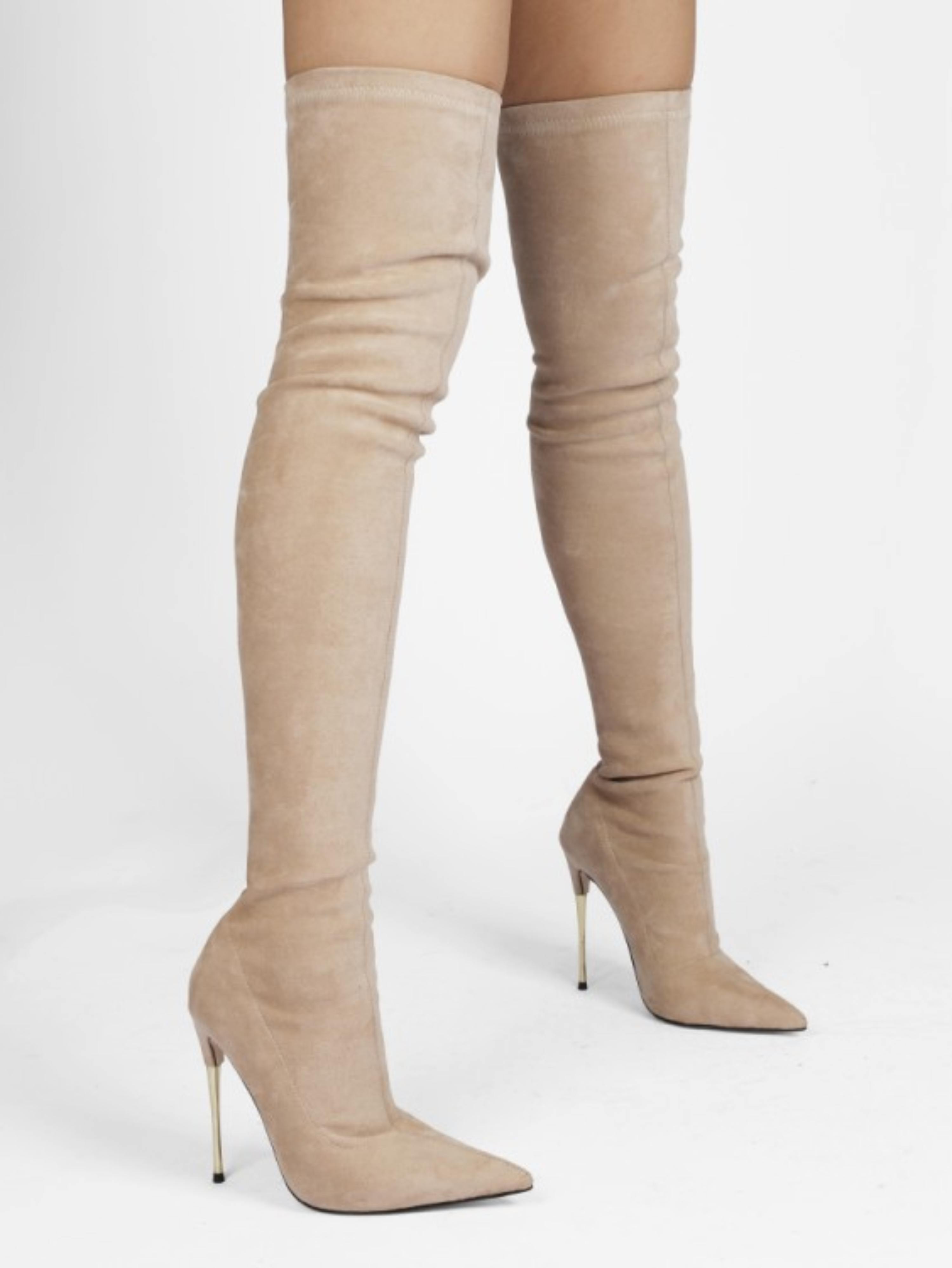Beige Lycra Women's Thigh-High Heeled Boots