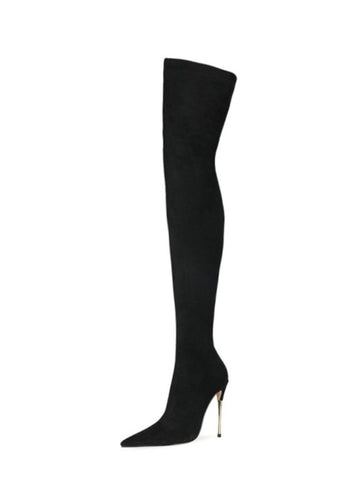 Black Lycra Over-The-Knee Heeled Boots for Women