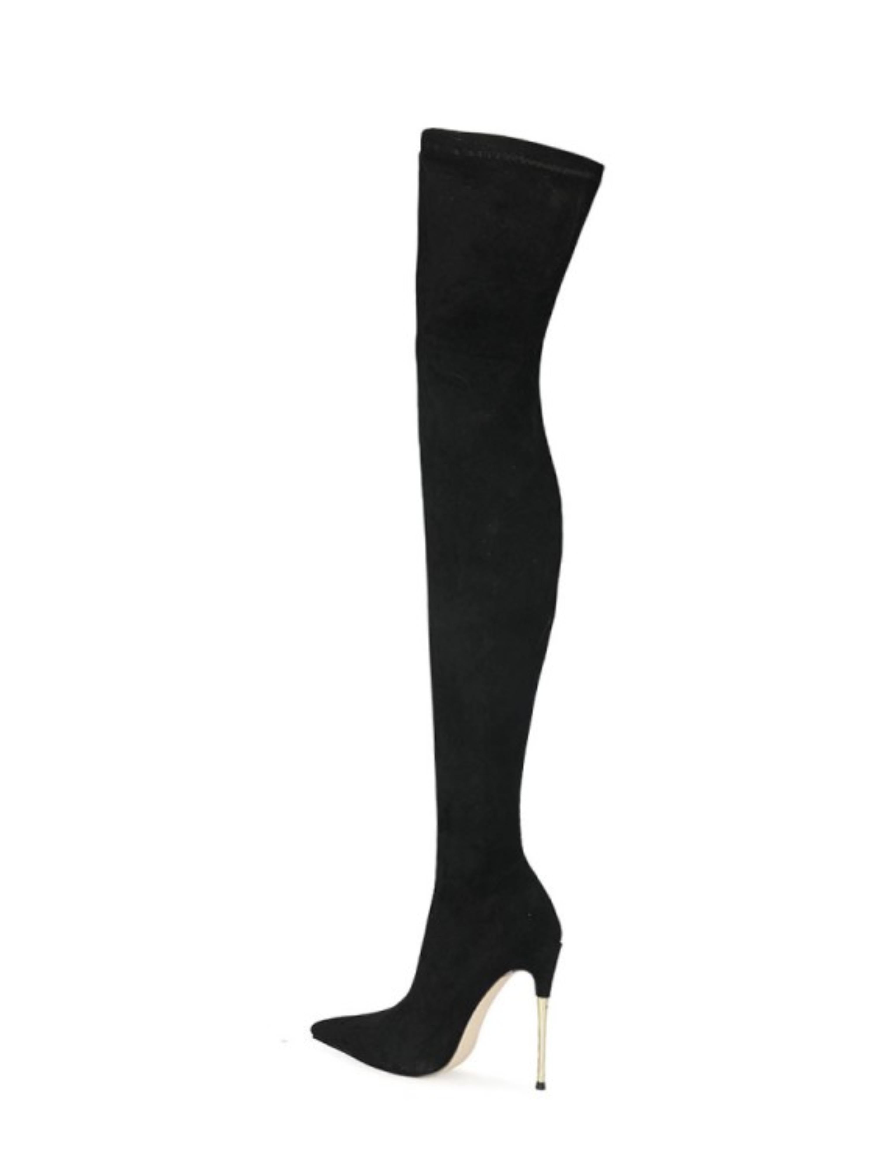 Black Lycra Over-The-Knee Heeled Boots for Women